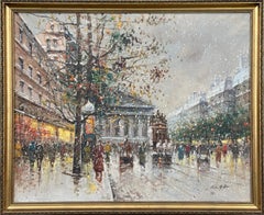 Paris Street in the Snow with Figures - Vintage Oil Painting by Italian Artist