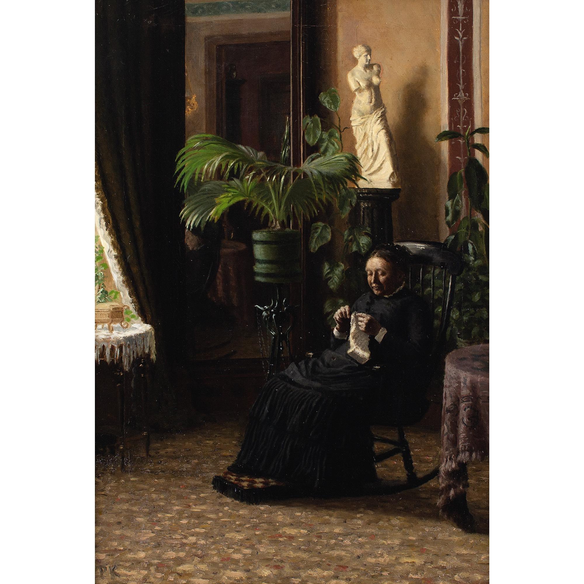 Pietro Krohn, Intérieur avec couture de femme, peinture à l'huile attribuée en vente 1