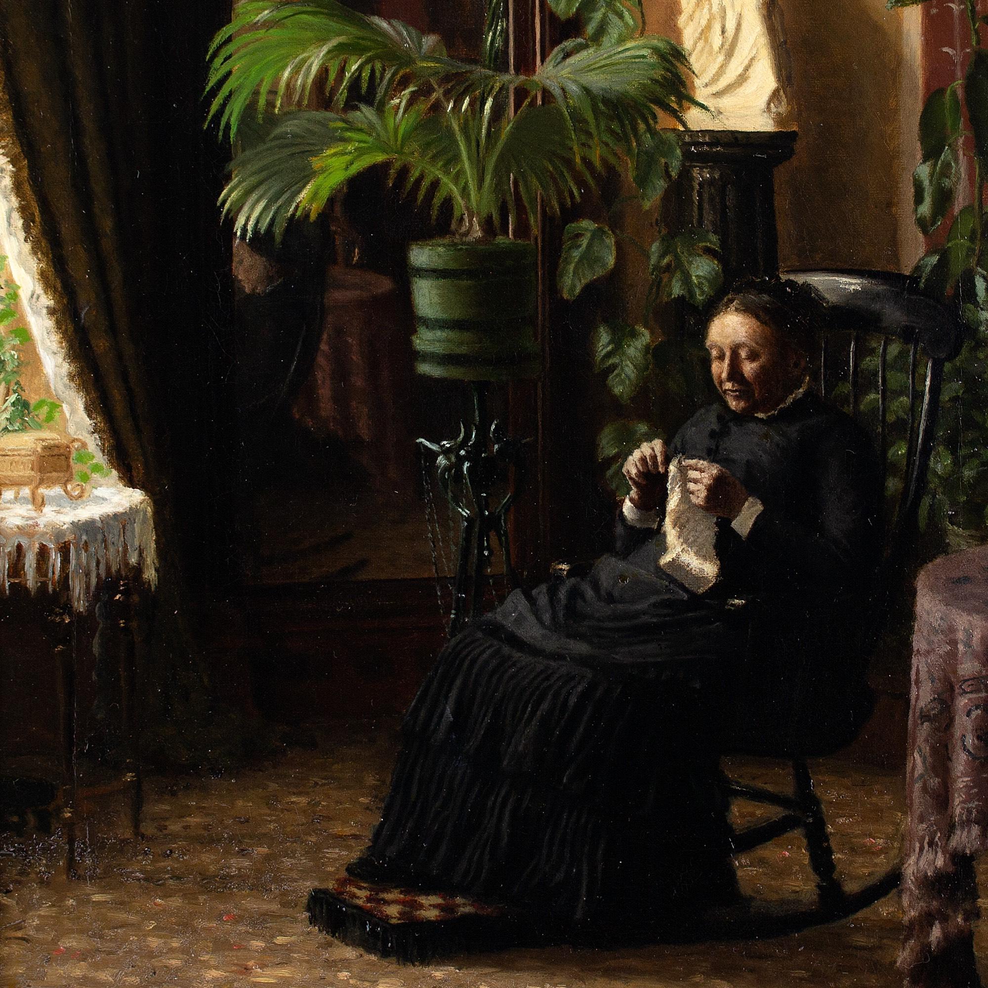 Pietro Krohn, Intérieur avec couture de femme, peinture à l'huile attribuée en vente 4