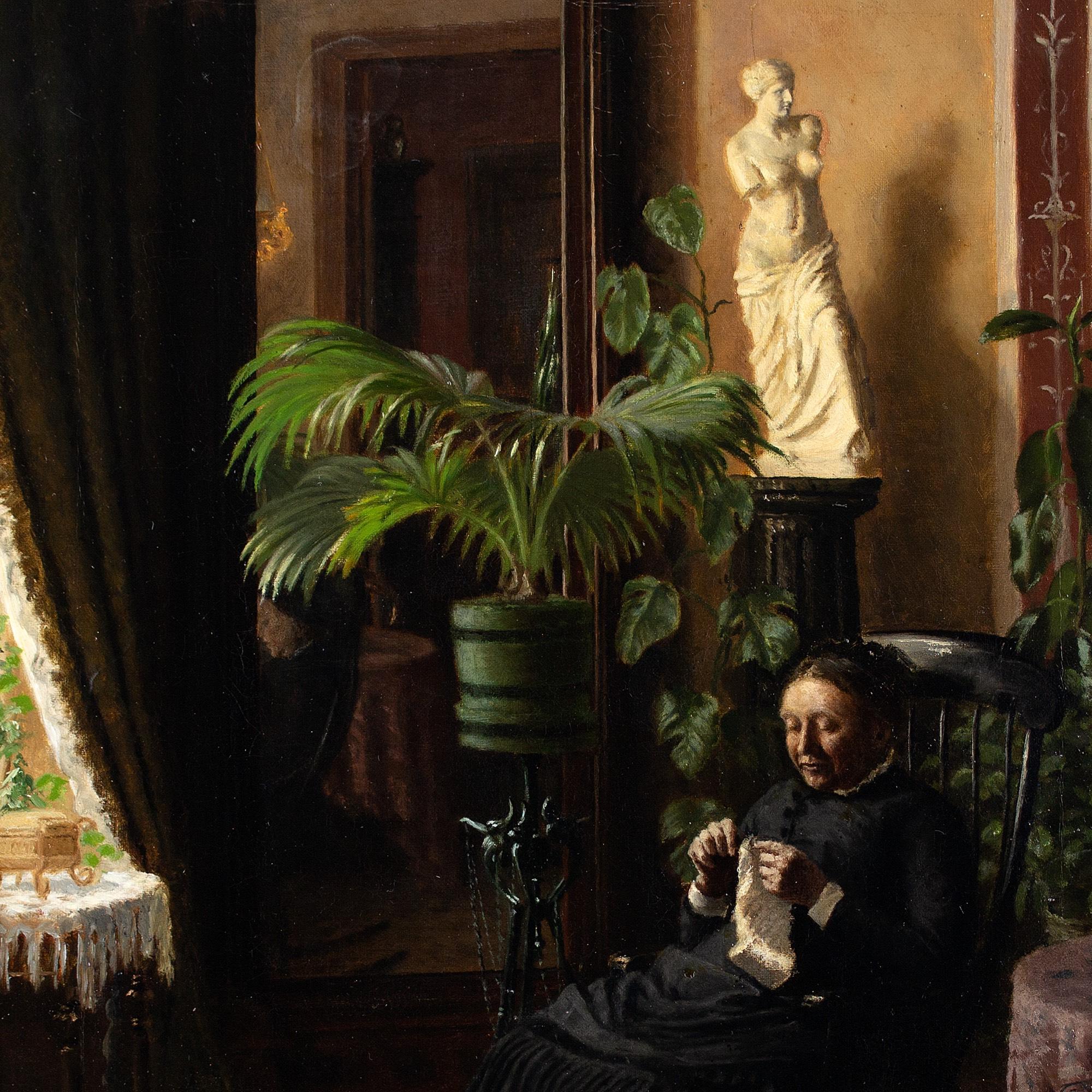 Pietro Krohn (Attributed), Interior With Woman Knitting, Oil Painting For Sale 5