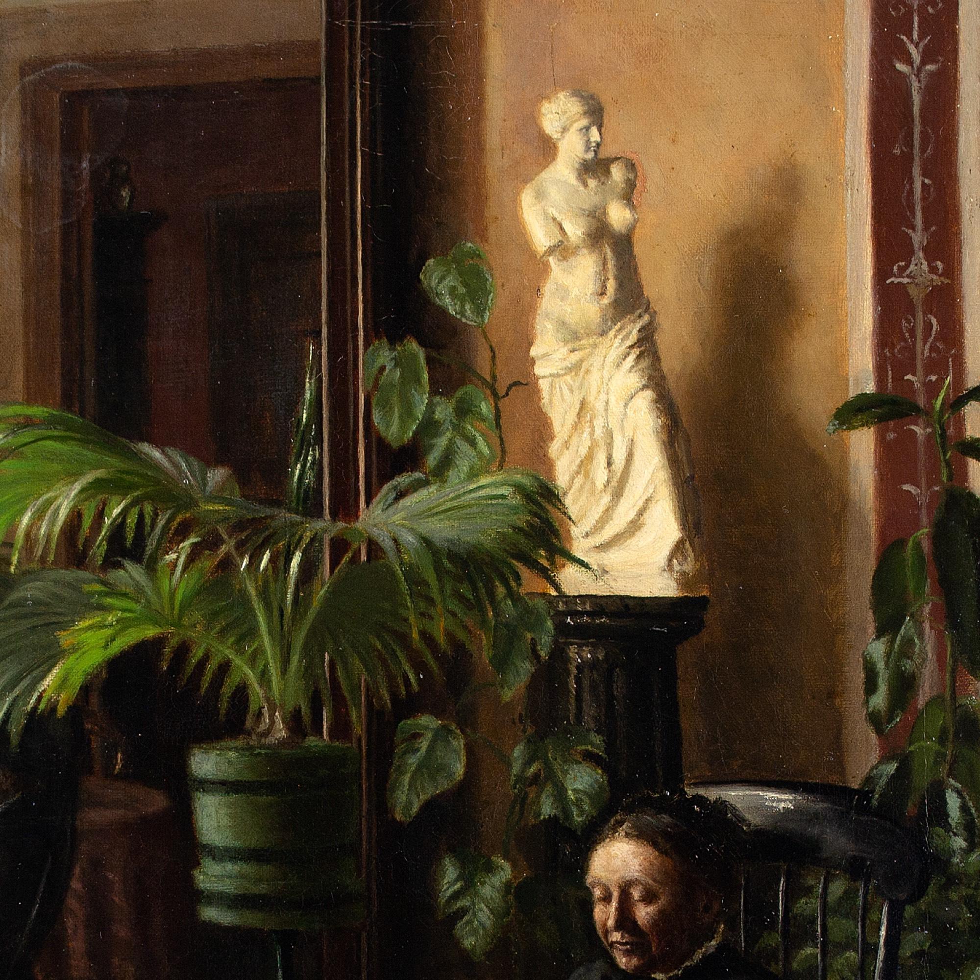 Pietro Krohn, Intérieur avec couture de femme, peinture à l'huile attribuée en vente 6