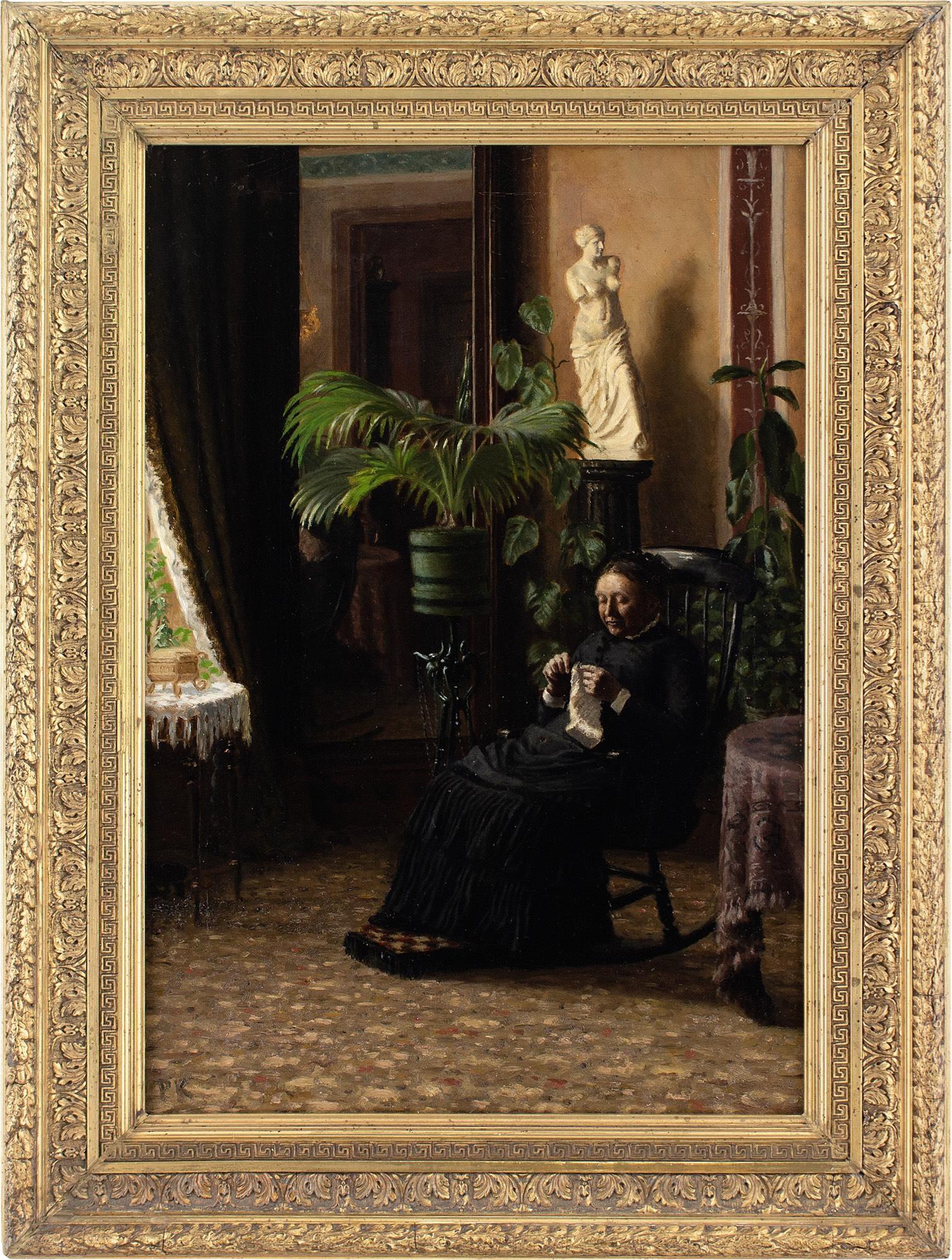 Cette peinture à l'huile de la fin du XIXe siècle attribuée à l'artiste danois Pietro Milo (1840-1905) représente un intérieur doucement éclairé avec une femme tricotant devant une statue de la Vénus de Milo. Il s'agit peut-être de la maison