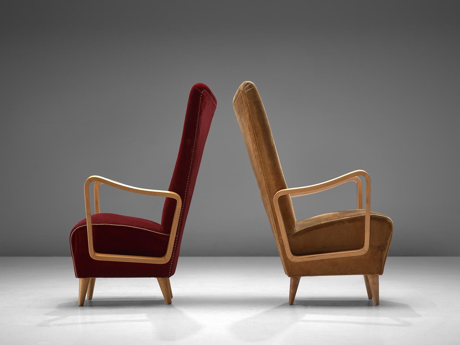 Italian Pietro Lingeri Pair of High Back Lounge Chairs in Velvet Upholstery