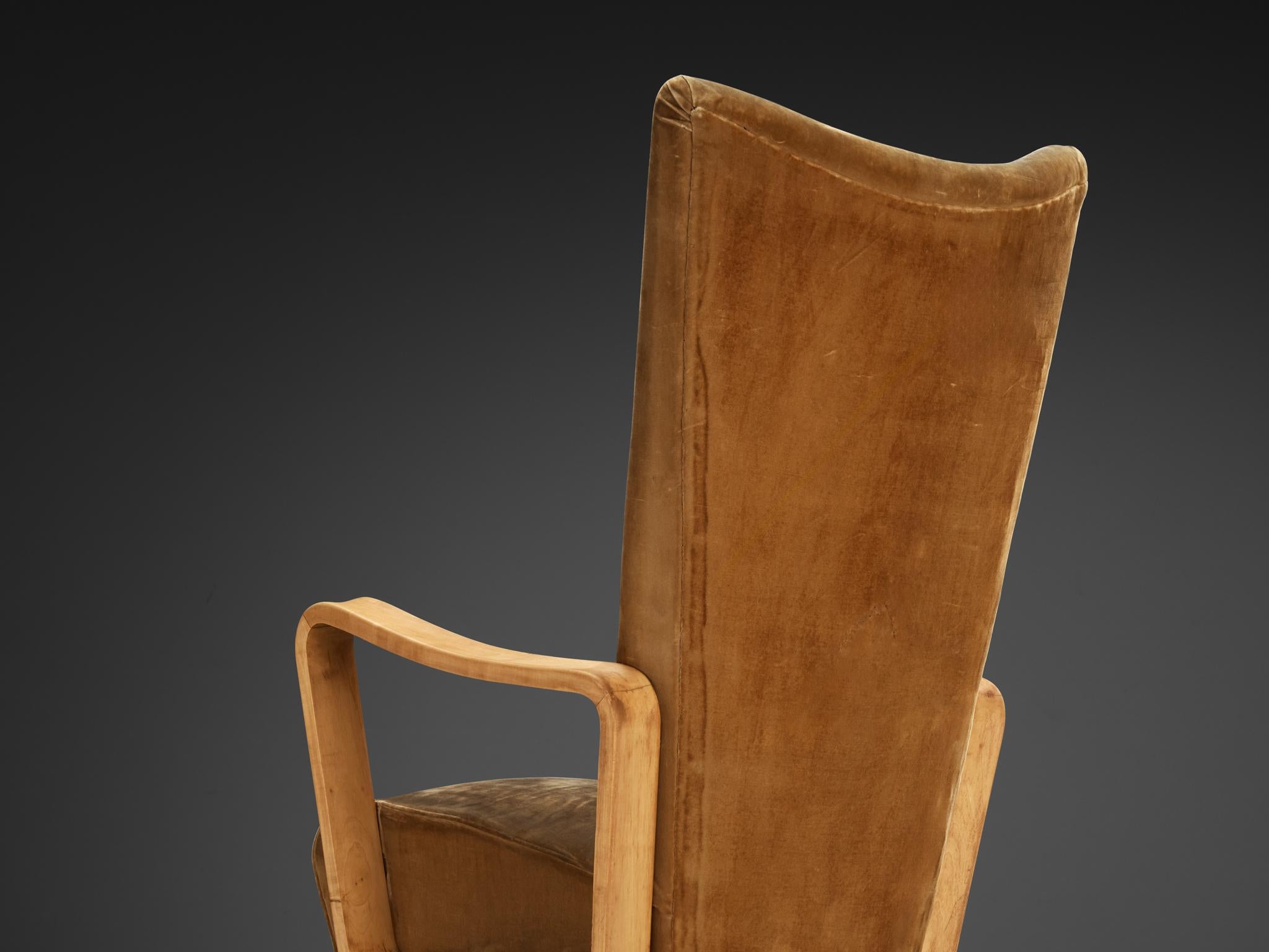 Italian Pietro Lingeri High Back Lounge Chair in Velvet Upholstery