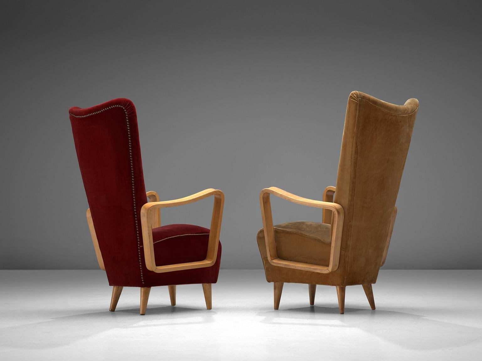 Italian Pietro Lingeri Pair of High Back Lounge Chairs in Velvet Upholstery  For Sale