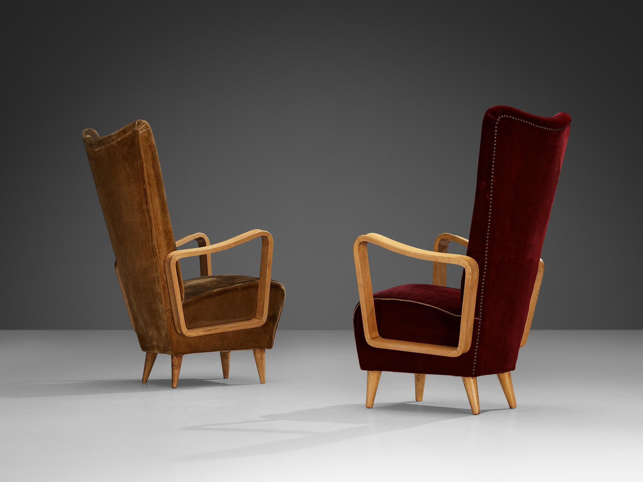 Italian Pietro Lingeri Pair of High Back Lounge Chairs in Velvet Upholstery