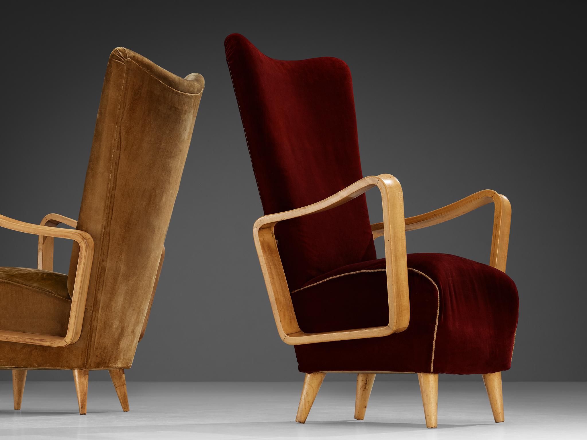 Pietro Lingeri Pair of High Back Lounge Chairs in Velvet Upholstery In Good Condition In Waalwijk, NL