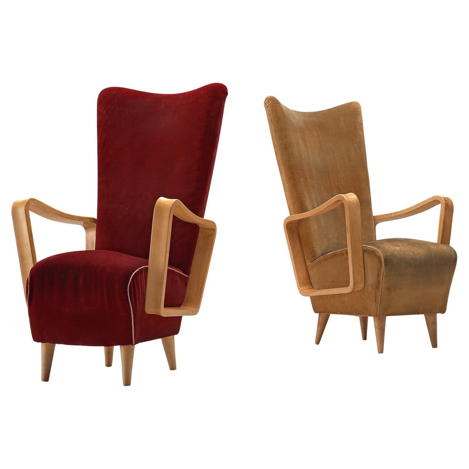 Pietro Lingeri Pair of High Back Lounge Chairs in Velvet Upholstery  For Sale
