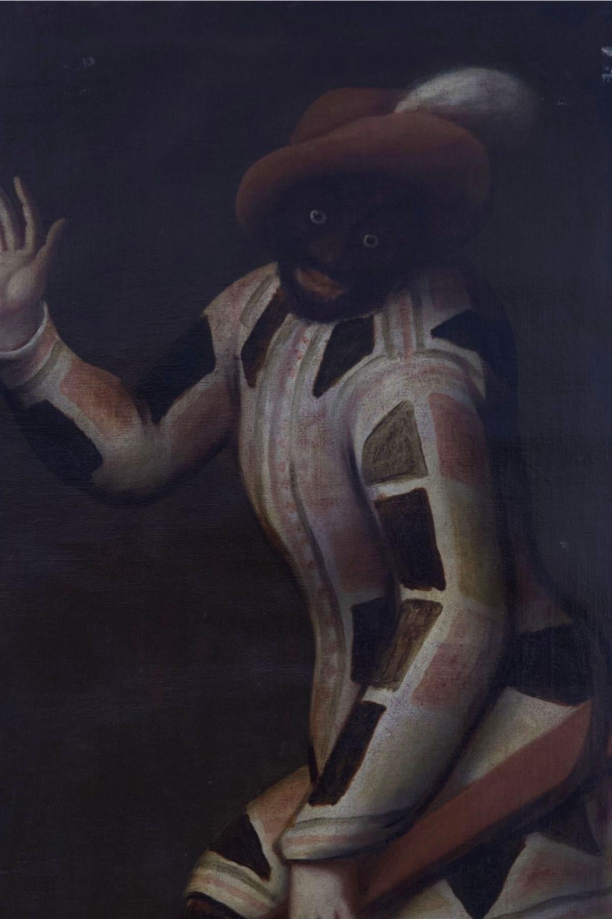 This painting depicts Harlequin who, because of his coloured lozenge dress, has become synonymous with 'multicoloured' in the Italian language. His name is perhaps taken from that of Hellequin, a jester devil of the French Middle Ages, and initially