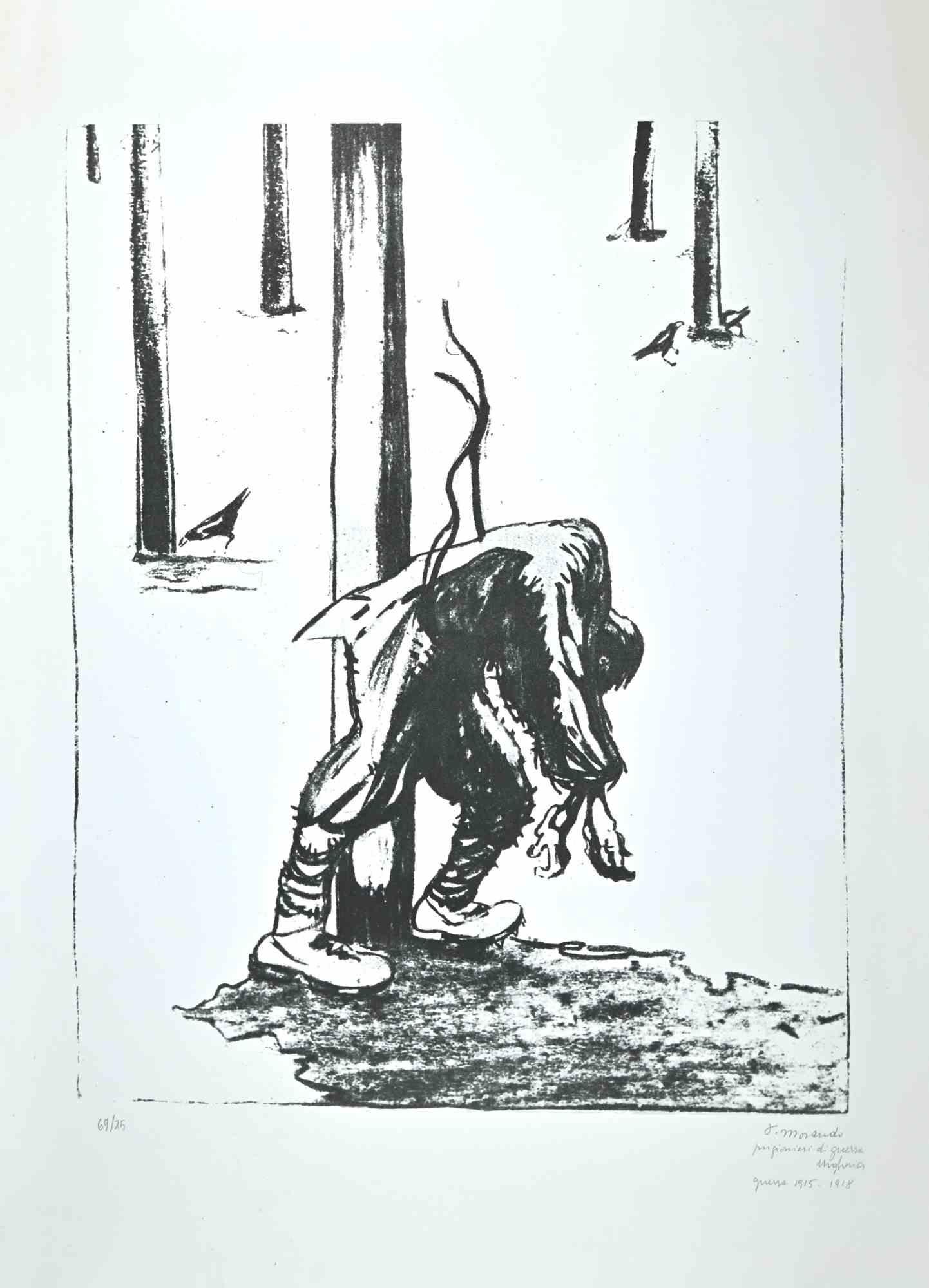 Prisoner is an original artwork realized by Italian artist  Pietro Morando  (Alessandria 1889- 1980).

Lithograph print.

Hand-signed on the lower right in pencil, titled.

Numbered on the lower left, the edition of 69/75 prints.

Good