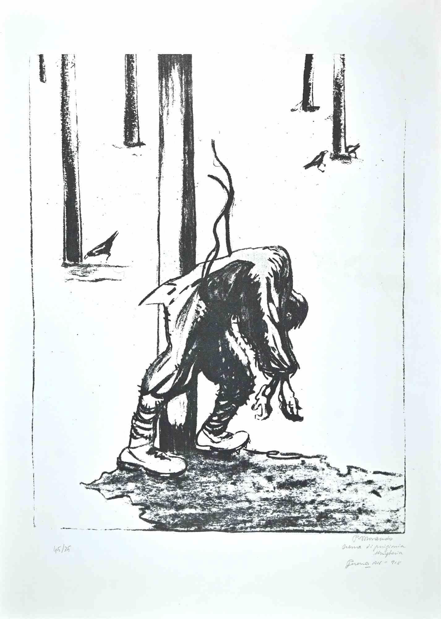 Prisoner is an original artwork realized by Italian artist  Pietro Morando  (Alessandria 1889- 1980).

Lithograph print.

Hand-signed on the lower right in pencil, titled, dated 1916-918.

Numbered on the lower left, the edition of 45/75