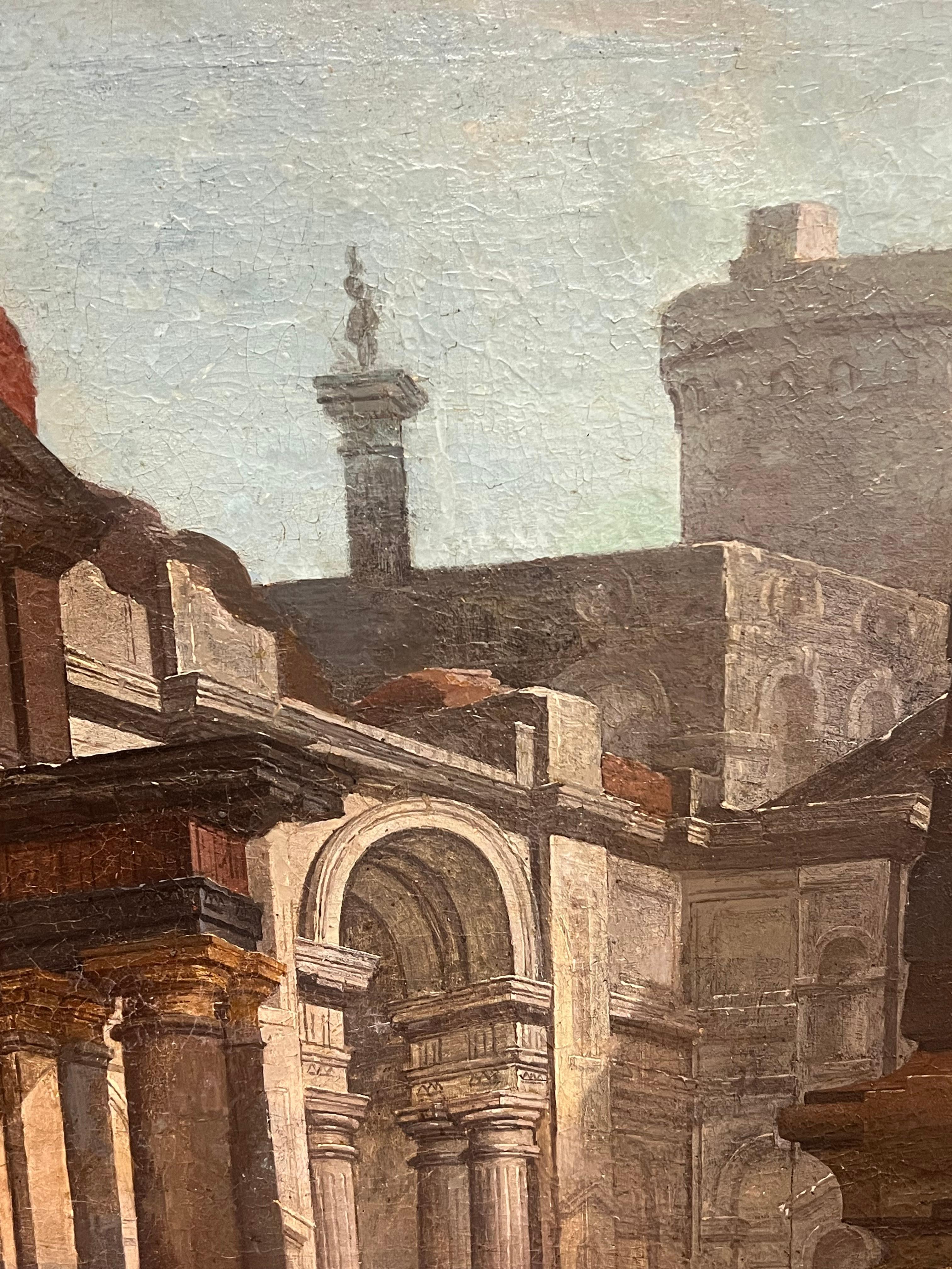 Classical Ruins with Figures Architectural Capriccio 18th Century Italian Oil - Old Masters Painting by Pietro Paltonieri il Mirandolese