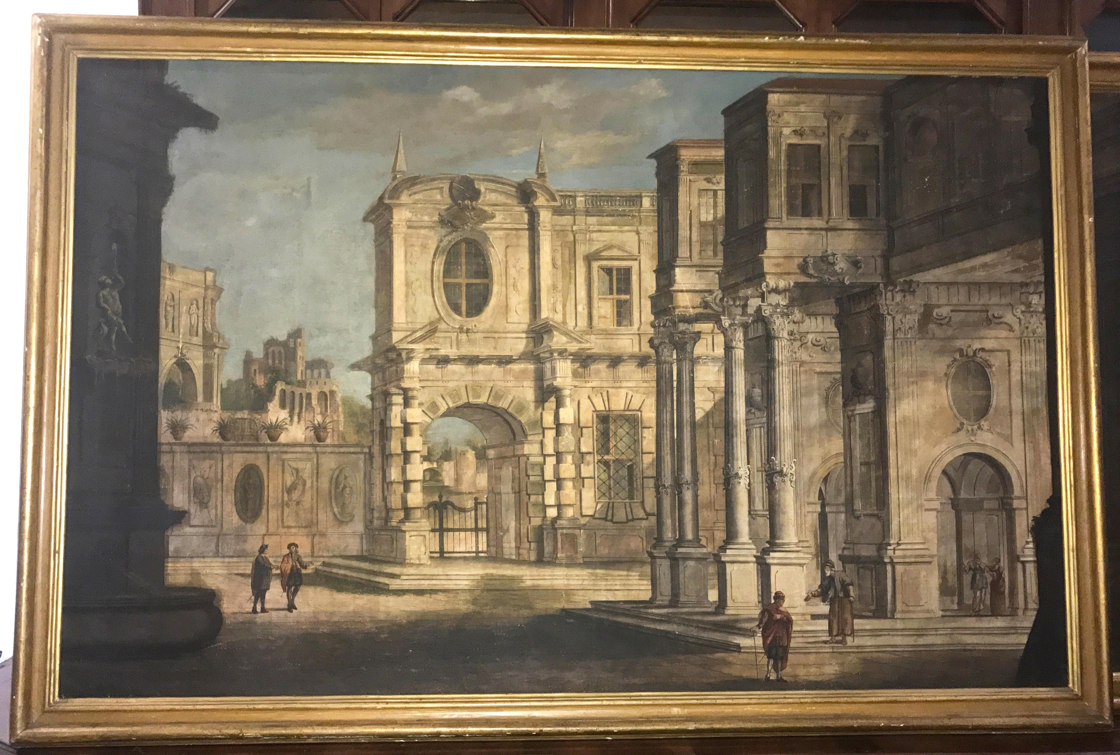 Paar italienische Tempera-Gemälde auf Leinwand aus dem 18. Jahrhundert, klassische Gemälde „Capriccio“ 5