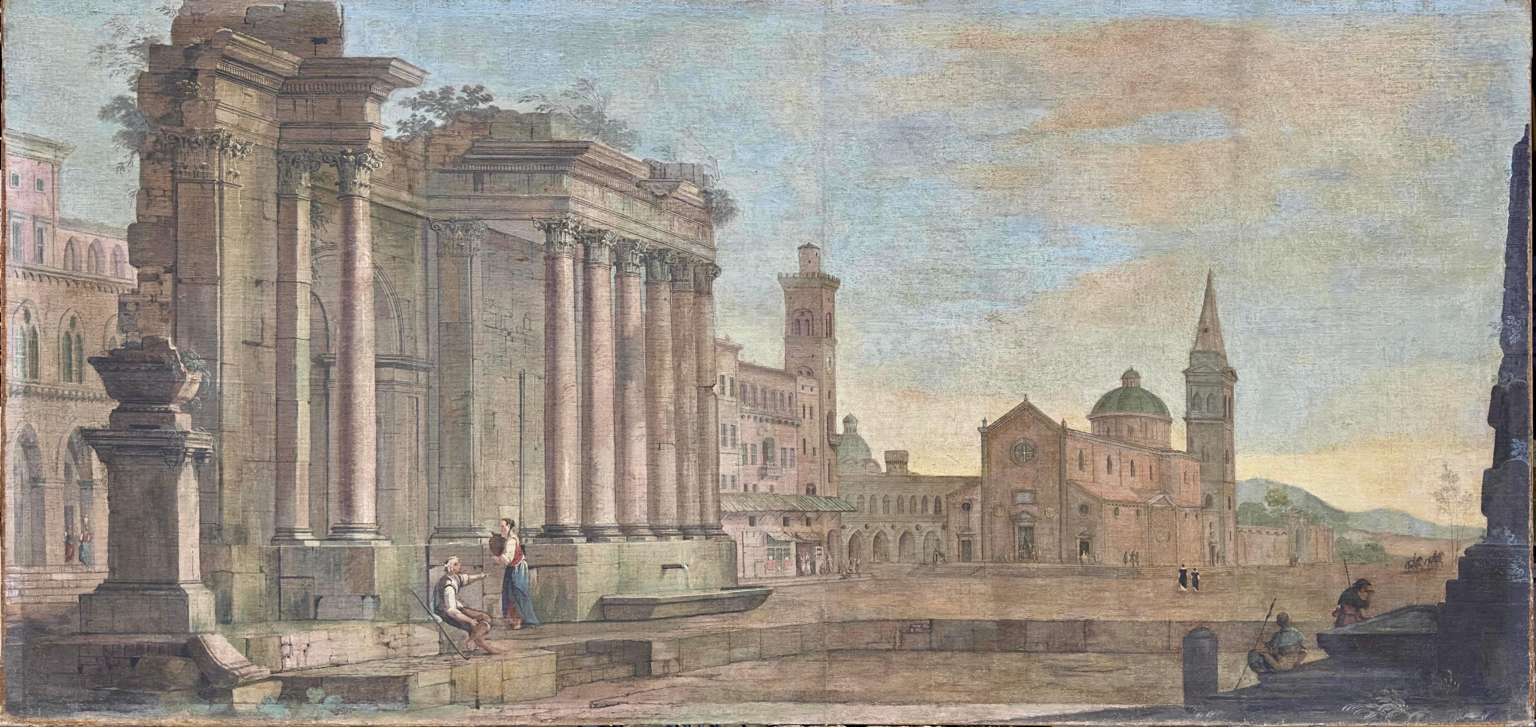 Pareja de pinturas clásicas italianas del siglo XVIII al temple sobre lienzo 