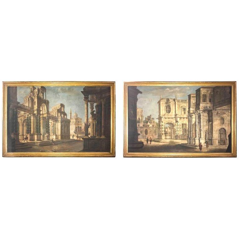 Paar italienische Tempera-Gemälde auf Leinwand aus dem 18. Jahrhundert, klassische Gemälde „Capriccio“ – Painting von Pietro Paltronieri