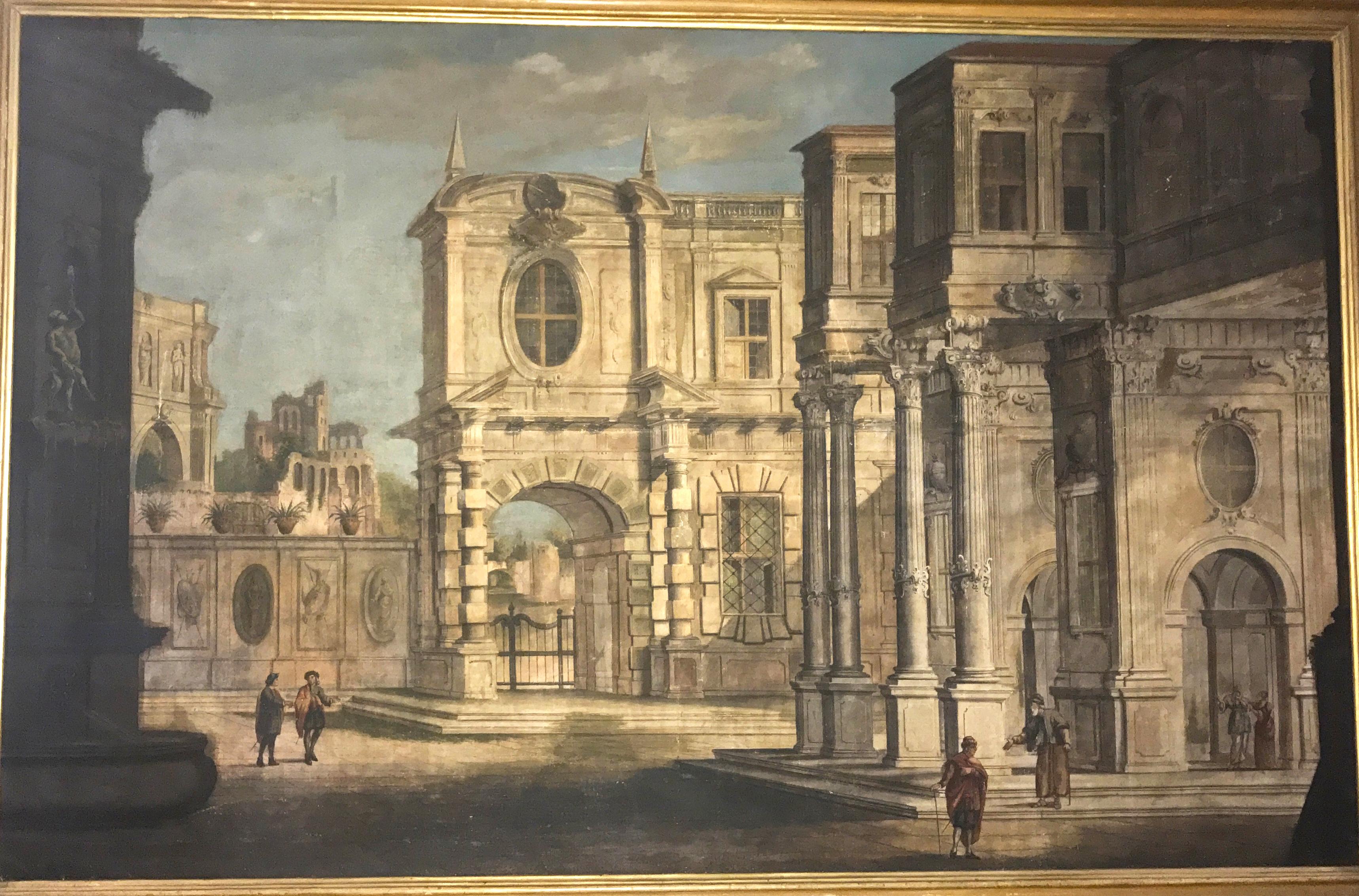 A fine pair of Italian 18' century Capriccio with Classical ruins, tempera oil on canvas with giltwood frame .
Atr.Pietro Paltronieri, il Mirandolese (Mirandola 1673-1741 Bologna).
 
