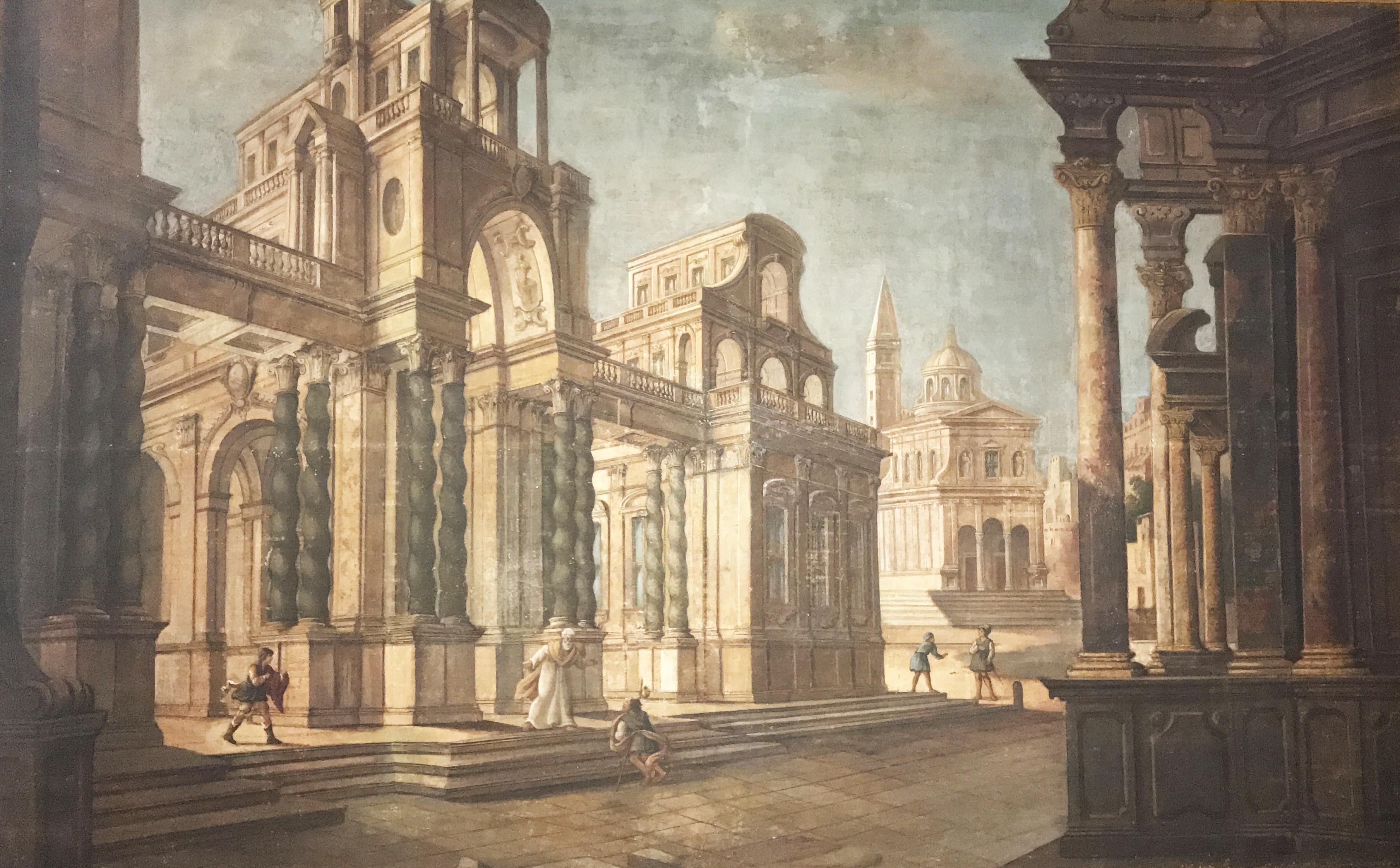Paar italienische Tempera-Gemälde auf Leinwand aus dem 18. Jahrhundert, klassische Gemälde „Capriccio“ (Braun), Landscape Painting, von Pietro Paltronieri