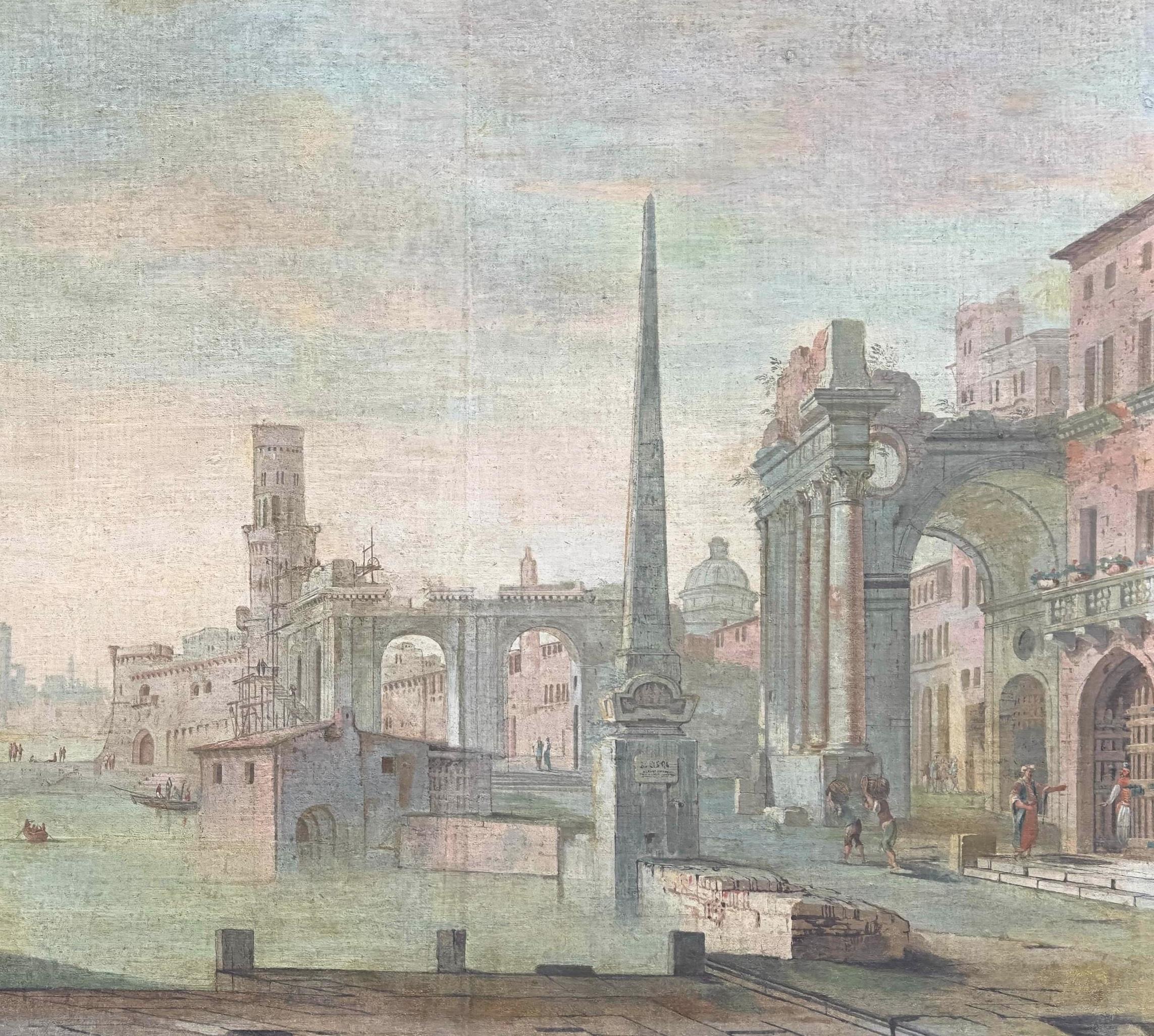 Un buen par de enormes  Capriccio italiano del siglo XVIII con ruinas clásicas, óleo al temple sobre lienzo .
Atr.Pietro Paltronieri, il Mirandolese (Mirandola 1673-1741 Bolonia).

 Medidas cm 254 x122
 
