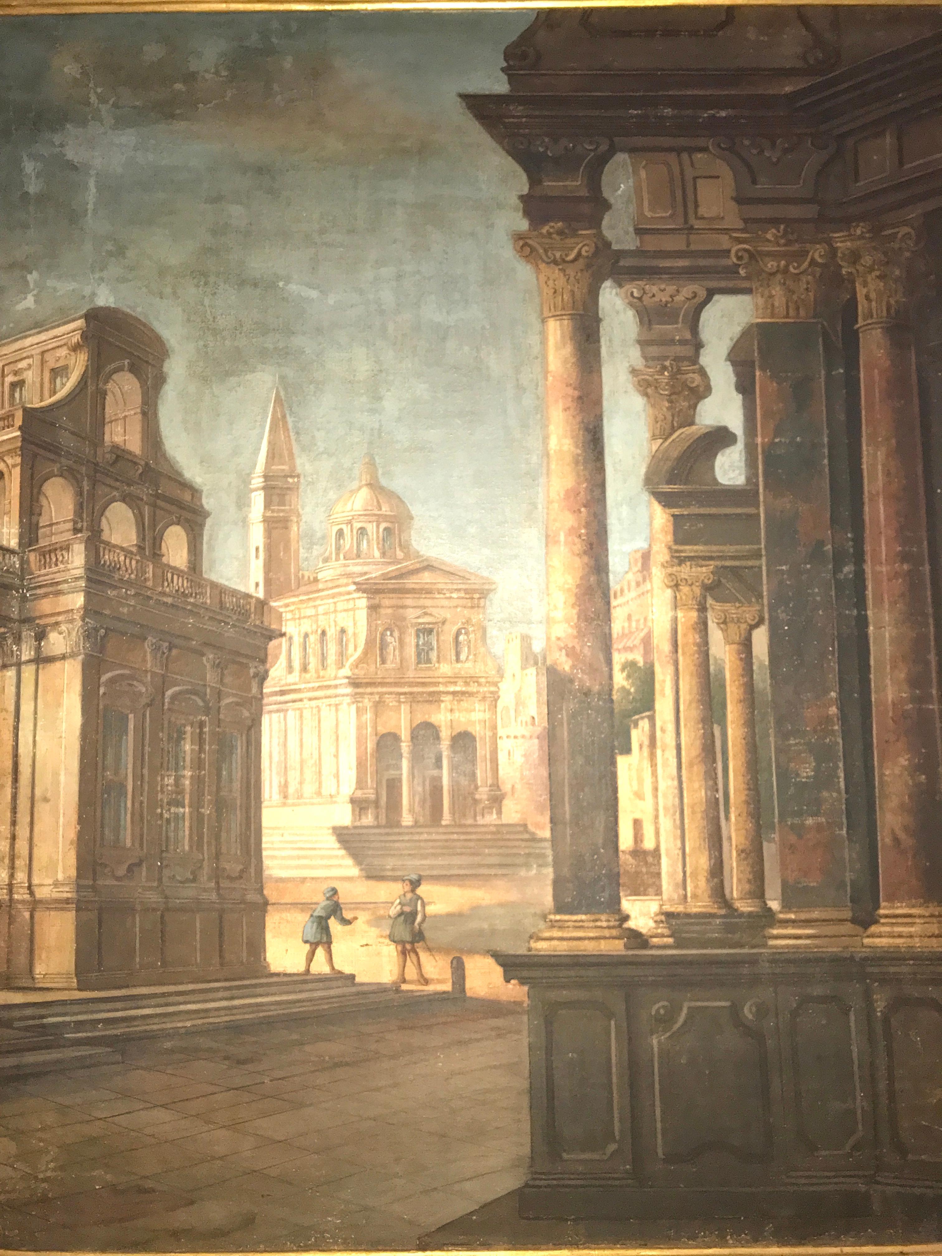 Ein feines Paar von italienischen 18' Jahrhundert Capriccio mit klassischen Ruinen, Tempera Öl auf Leinwand mit Goldholz Rahmen .
Atr. Pietro Paltronieri, il Mirandolese (Mirandola 1673-1741 Bologna).
 
