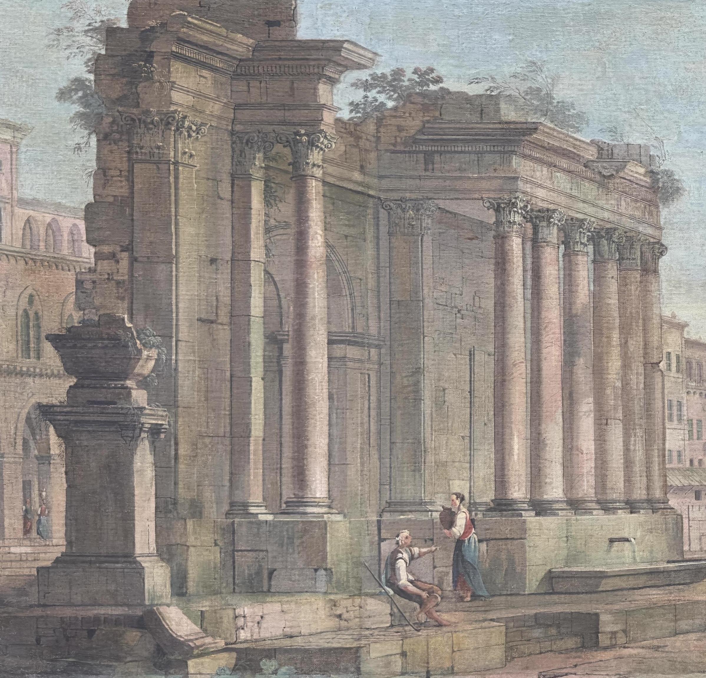Pareja de pinturas clásicas italianas del siglo XVIII al temple sobre lienzo 