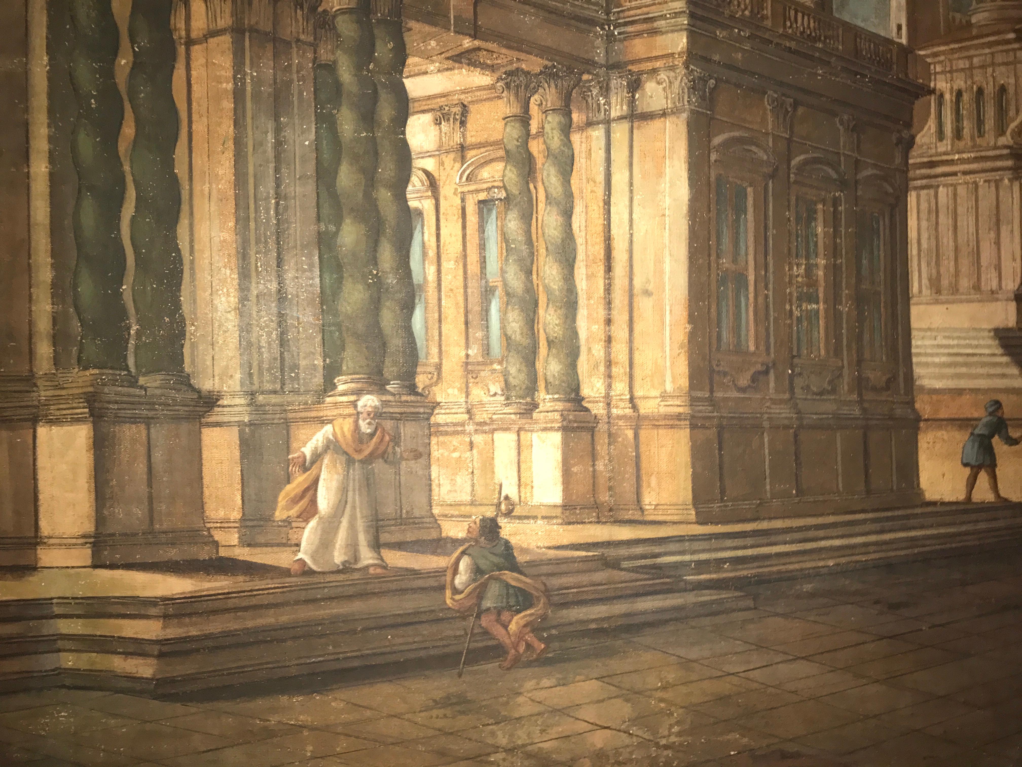Paar italienische Tempera-Gemälde auf Leinwand aus dem 18. Jahrhundert, klassische Gemälde „Capriccio“ 1