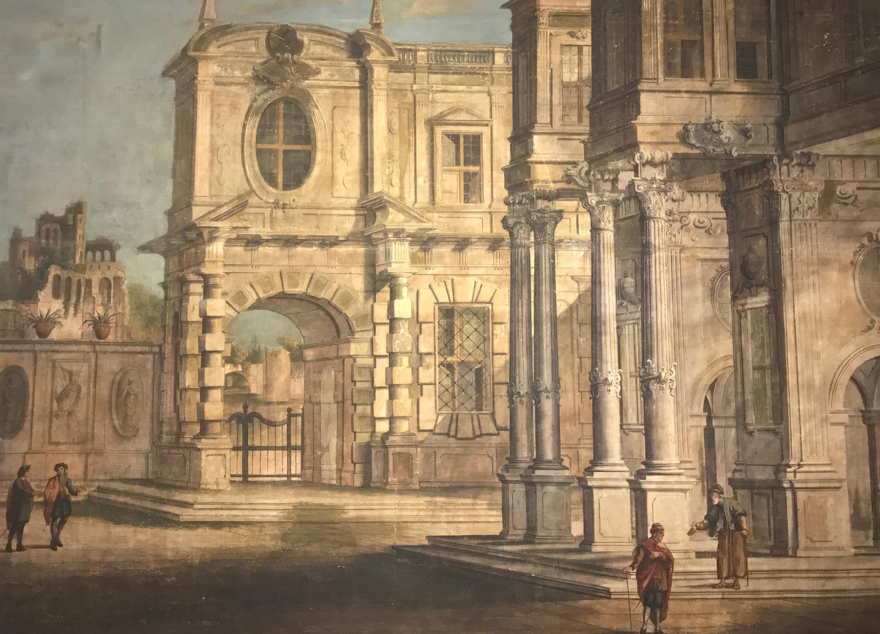 Paar italienische Tempera-Gemälde auf Leinwand aus dem 18. Jahrhundert, klassische Gemälde „Capriccio“ 3