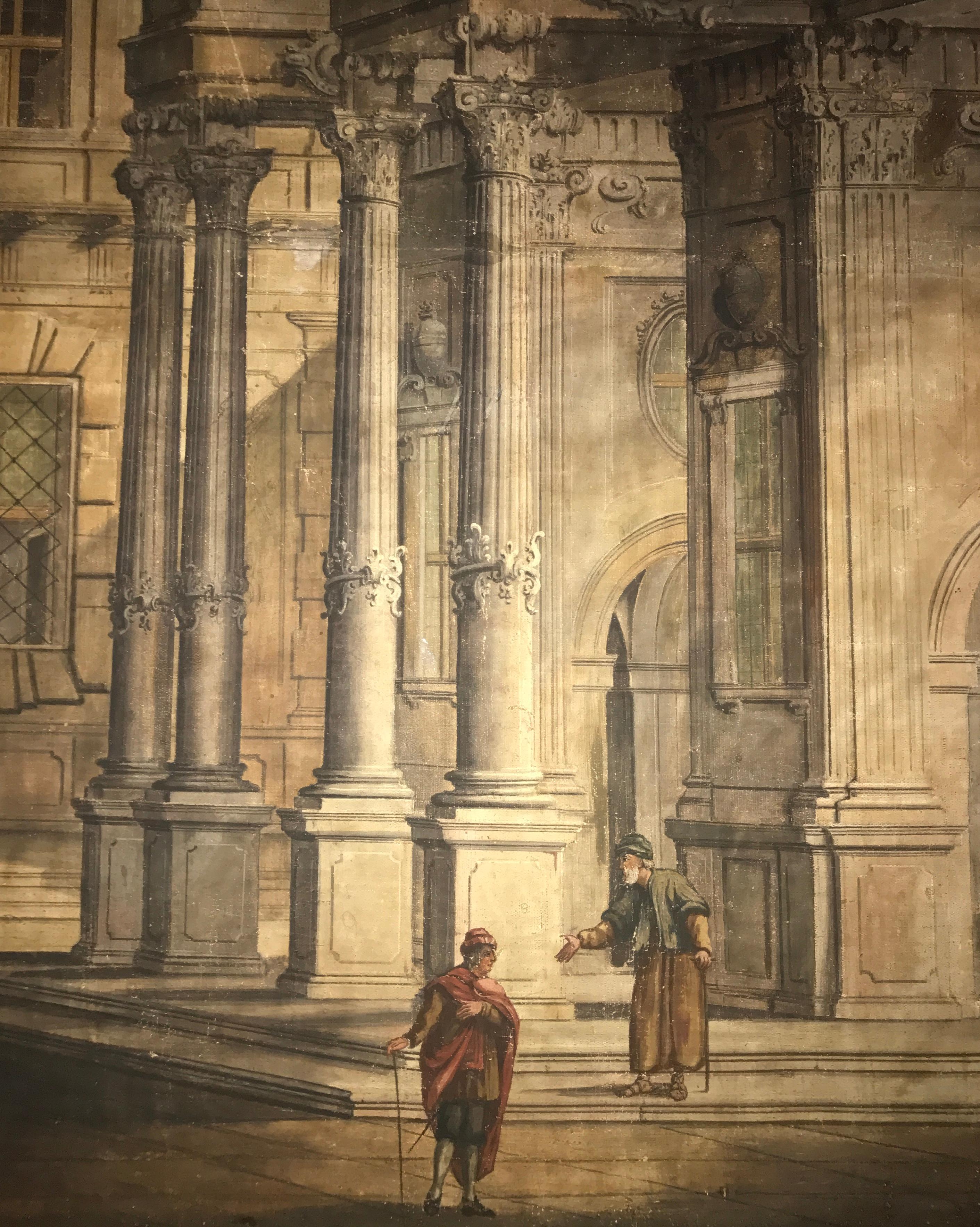 Paar italienische Tempera-Gemälde auf Leinwand aus dem 18. Jahrhundert, klassische Gemälde „Capriccio“ 4