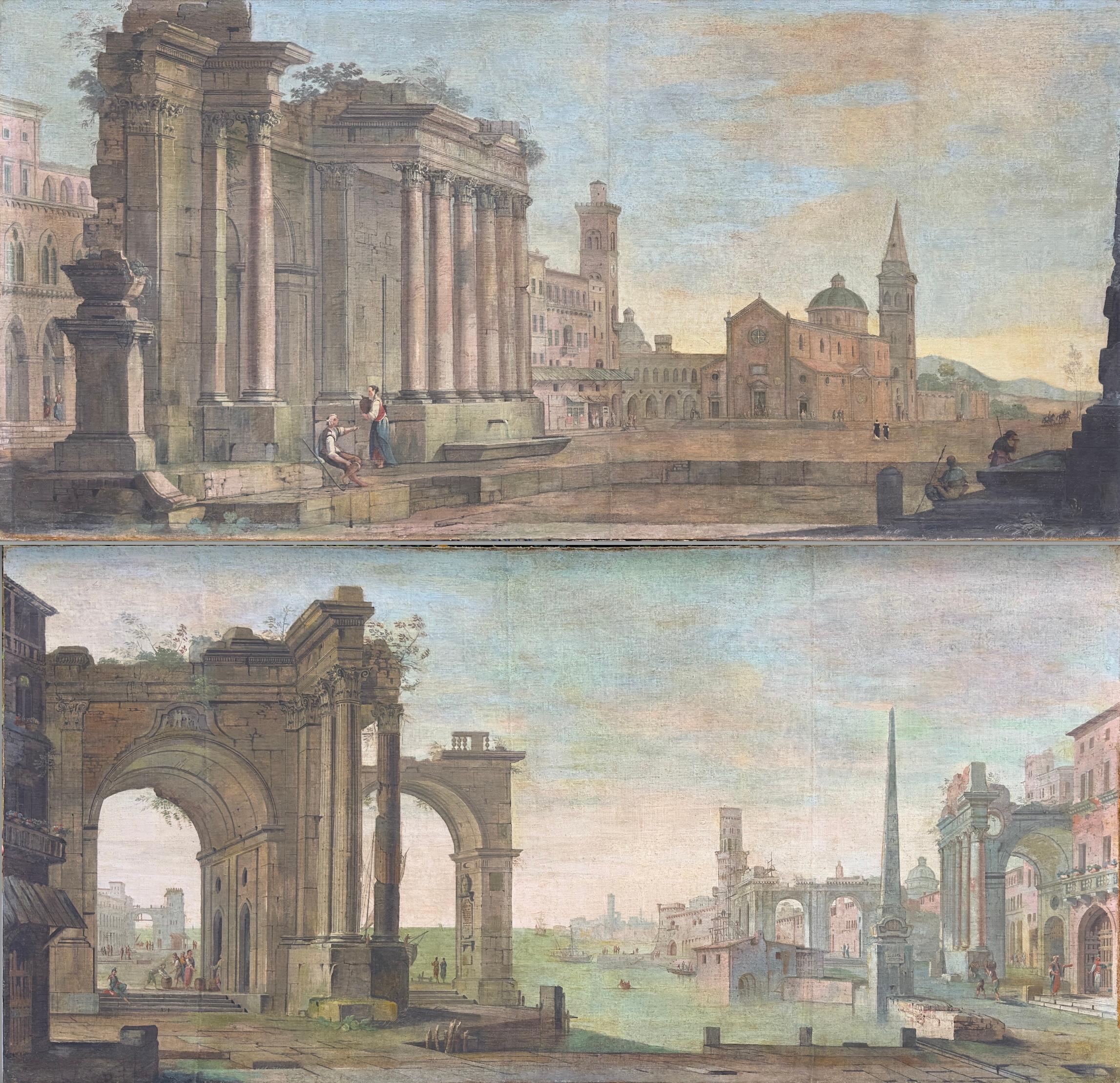 Coppia di dipinti classici su tela con tempera del XVIII secolo "Capriccio".