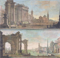 Coppia di dipinti classici su tela con tempera del XVIII secolo "Capriccio".