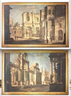 Pair of Italian 18th Century Tempera on Canvas Classical Paintings "Capriccio"