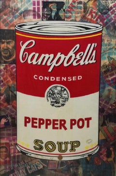 Pop Art, "Campbells Condensed Pepper Pot Soup", original Mixed Media/Fruitwood