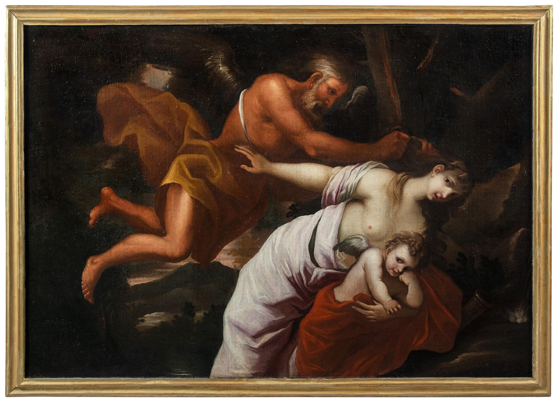 Pietro Ricchi, known as Lucchese (Lucca 1606 - Udine 1675) attr. a - Venus protects Love from Time.

92 x 132 cm without frame, 101 x 141 cm with frame.

Oil on canvas, in a gilded wooden frame.

Condition report: Painting subjected to relining.