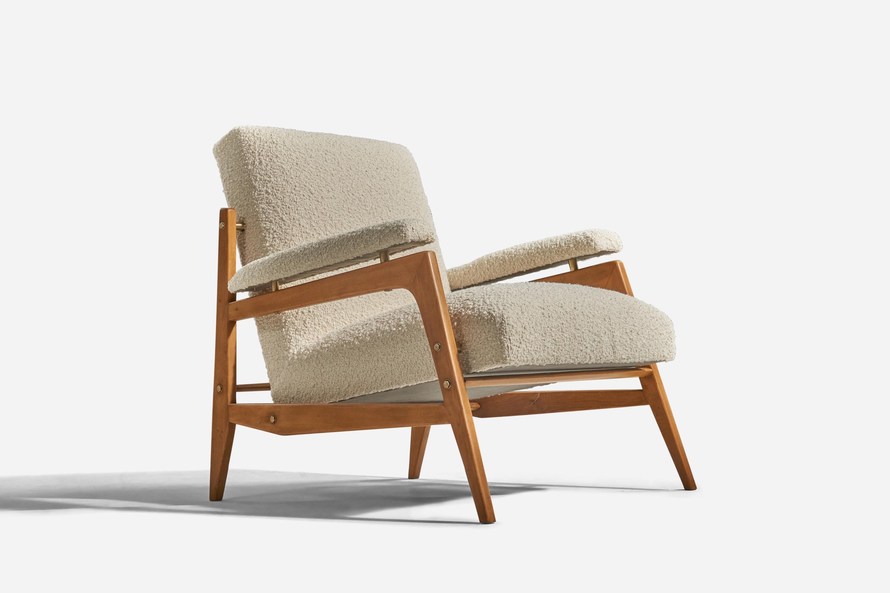 Italian Pietro Rochester, Lounge Chairs, Wood, Brass, White Fabric, Italy, 1950s