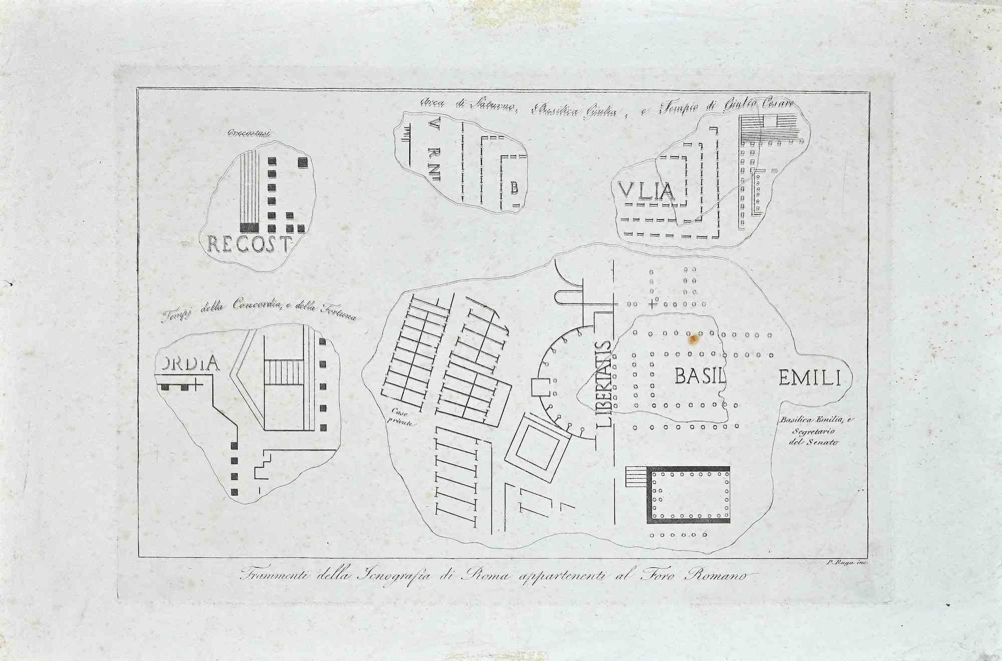 Karte des Forum Romanum – Original-Radierung von Pietro Ruga – 19. Jahrhundert