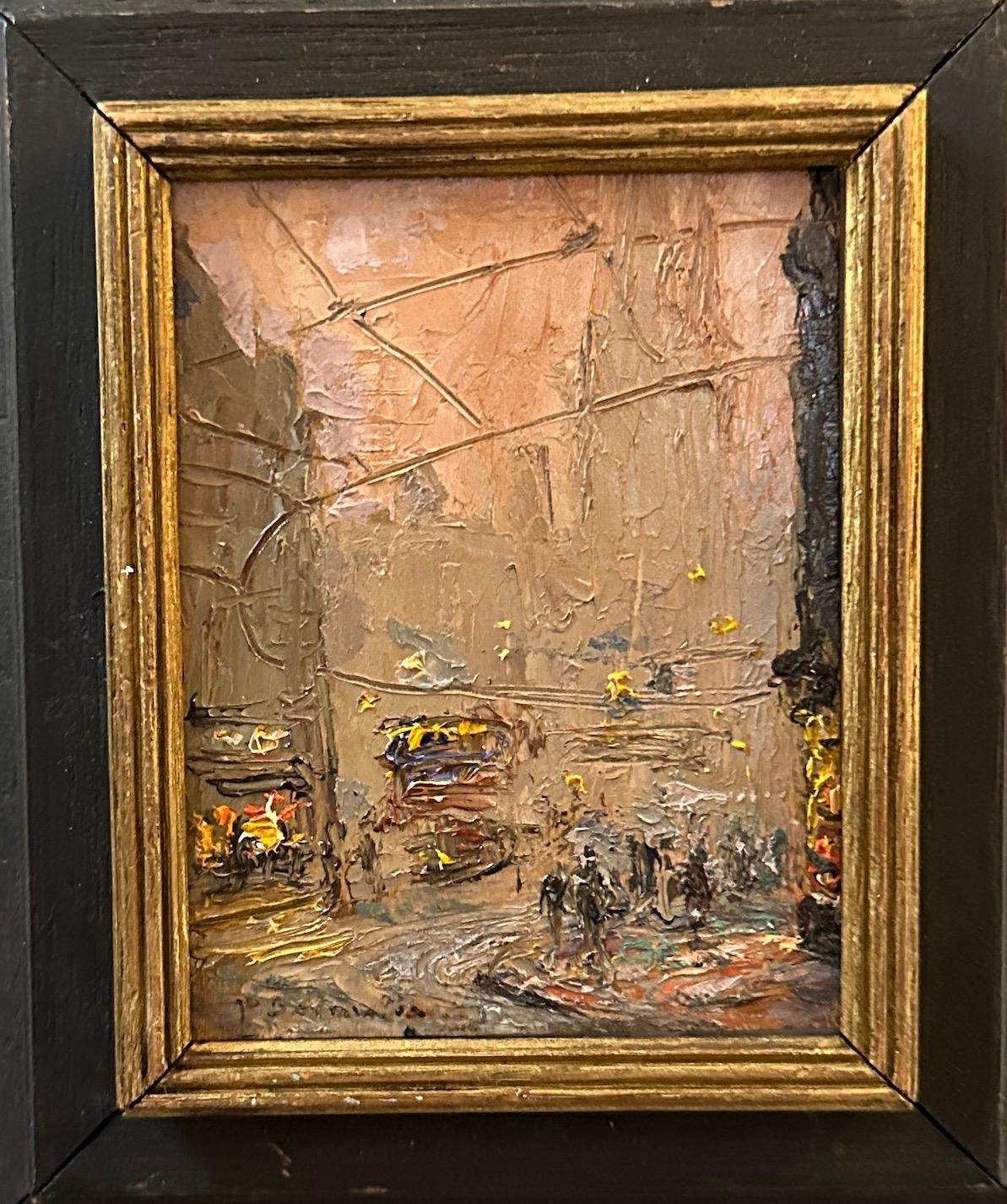 English Impressionist mid 20th century view of Piccadilly Circus, trams London  - Painting by Pietro Sansalvadore