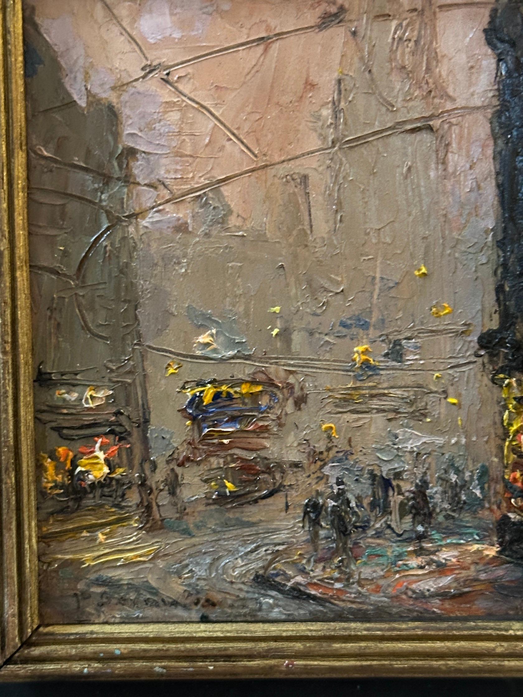 English Impressionist Mitte des 20. Jahrhunderts Ansicht von Piccadilly Circus, Straßenbahnen London  (Impressionismus), Painting, von Pietro Sansalvadore