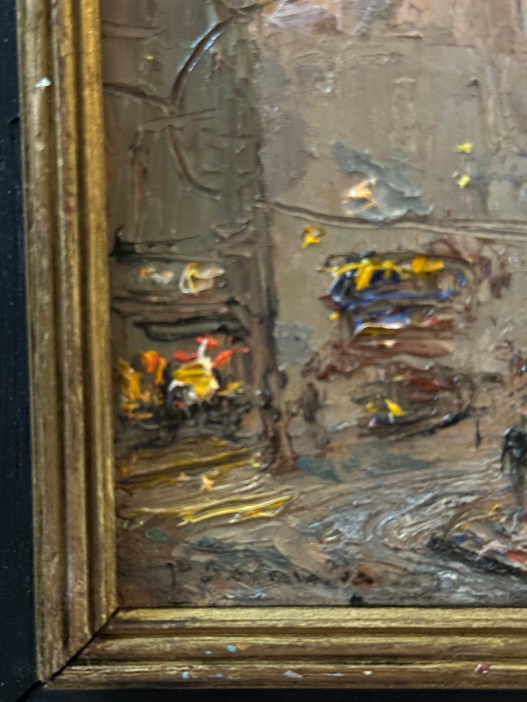 English Impressionist Mitte des 20. Jahrhunderts Ansicht von Piccadilly Circus, Straßenbahnen London  (Schwarz), Figurative Painting, von Pietro Sansalvadore