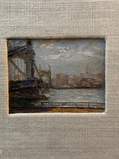 Impressionist mid century view of Hammersmith Bridge over the Thames London