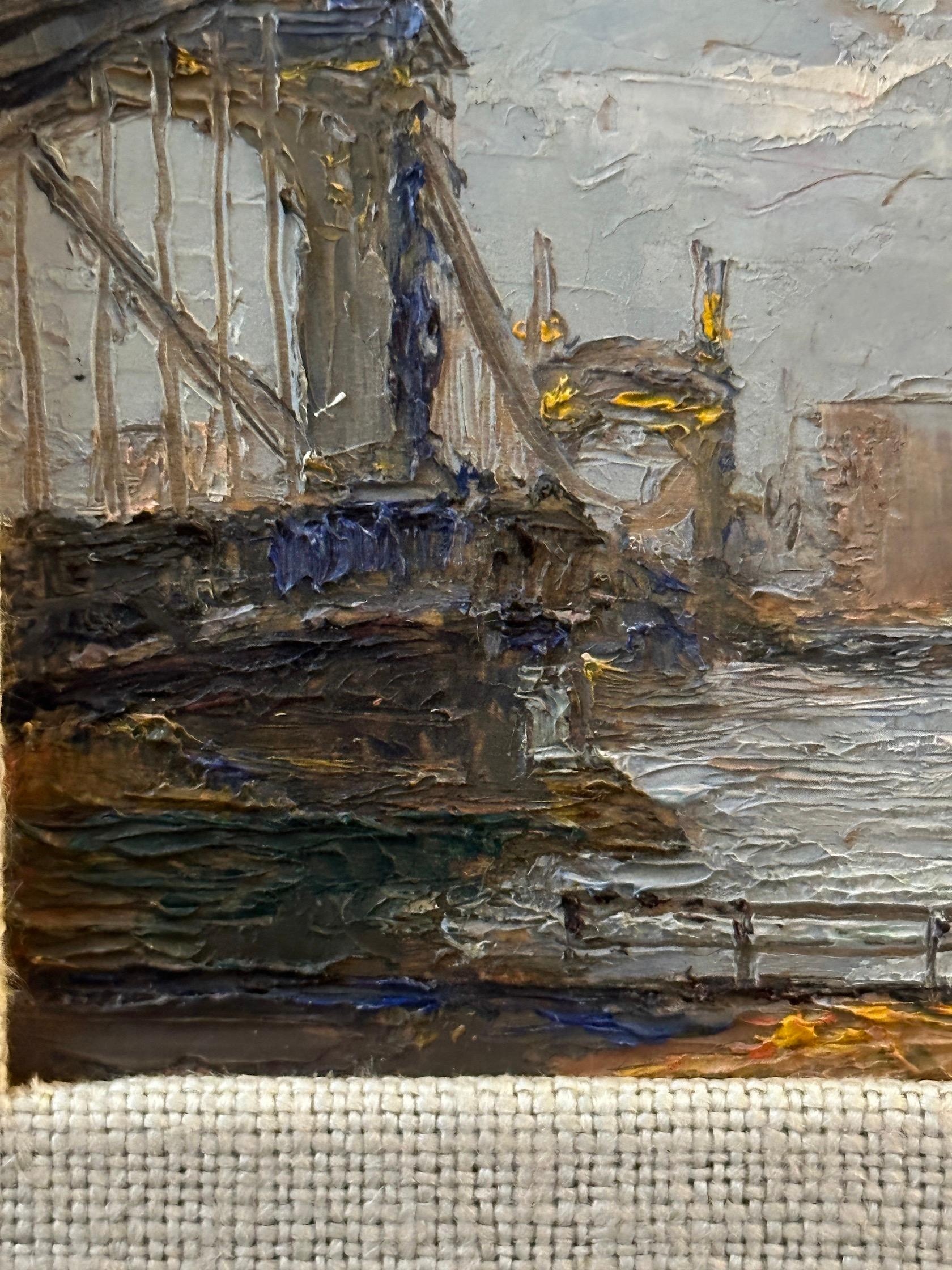 Impressionistische Ansicht der Hammersmith Bridge über der Themse aus der Mitte des Jahrhunderts London  (Braun), Figurative Painting, von Pietro Sansalvadore