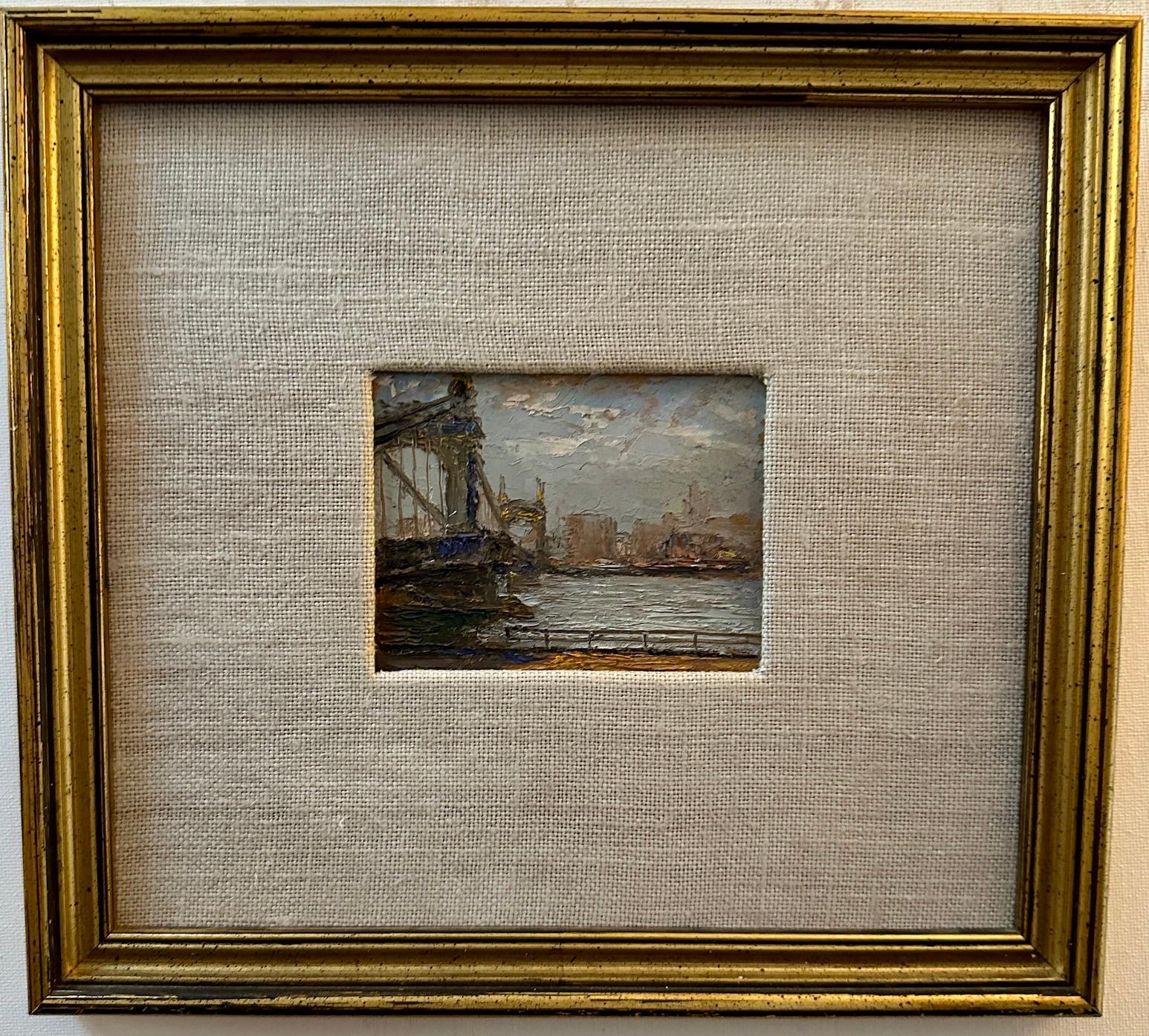 Pietro Sansalvadore Figurative Painting - Impressionist mid century view of Hammersmith Bridge over the Thames London 