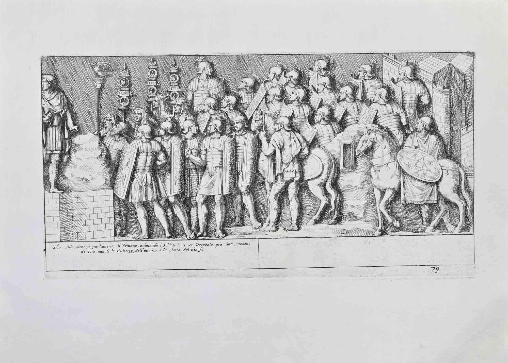 Emperor Trajan addressing the Roman soldiers is an artwork realized by Pietro Santi Bartoli (1635-1700) in 1672.

Etching.

Good condition.

The Trajan's Column is a Roman triumphal column erected in Rome in 113 AD by the roman emperor Trajan.
The