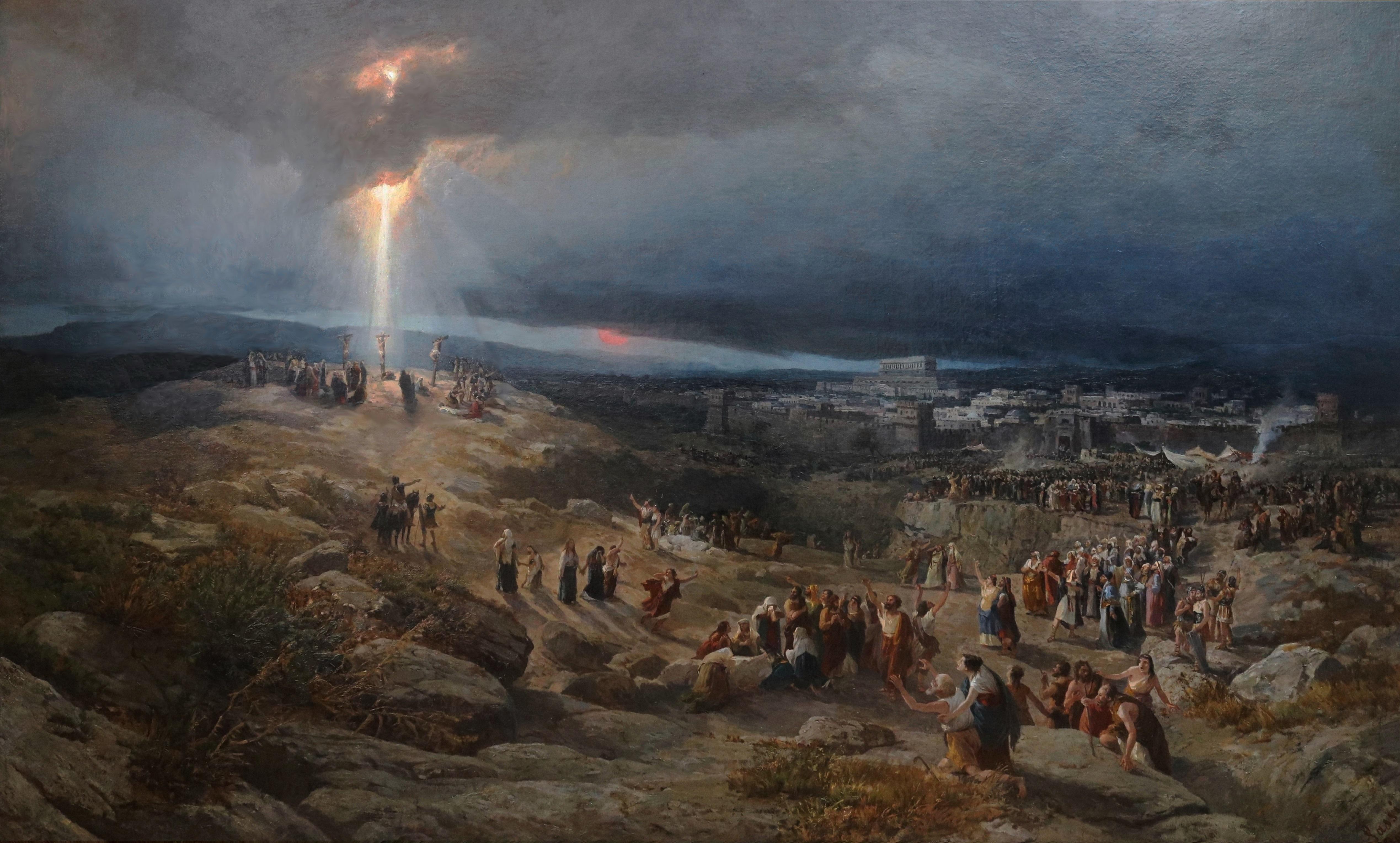 Calvario - Grande dipinto a olio italiano del XIX secolo - Città di Gerusalemme e Crocifissione - Painting di Pietro Sassi