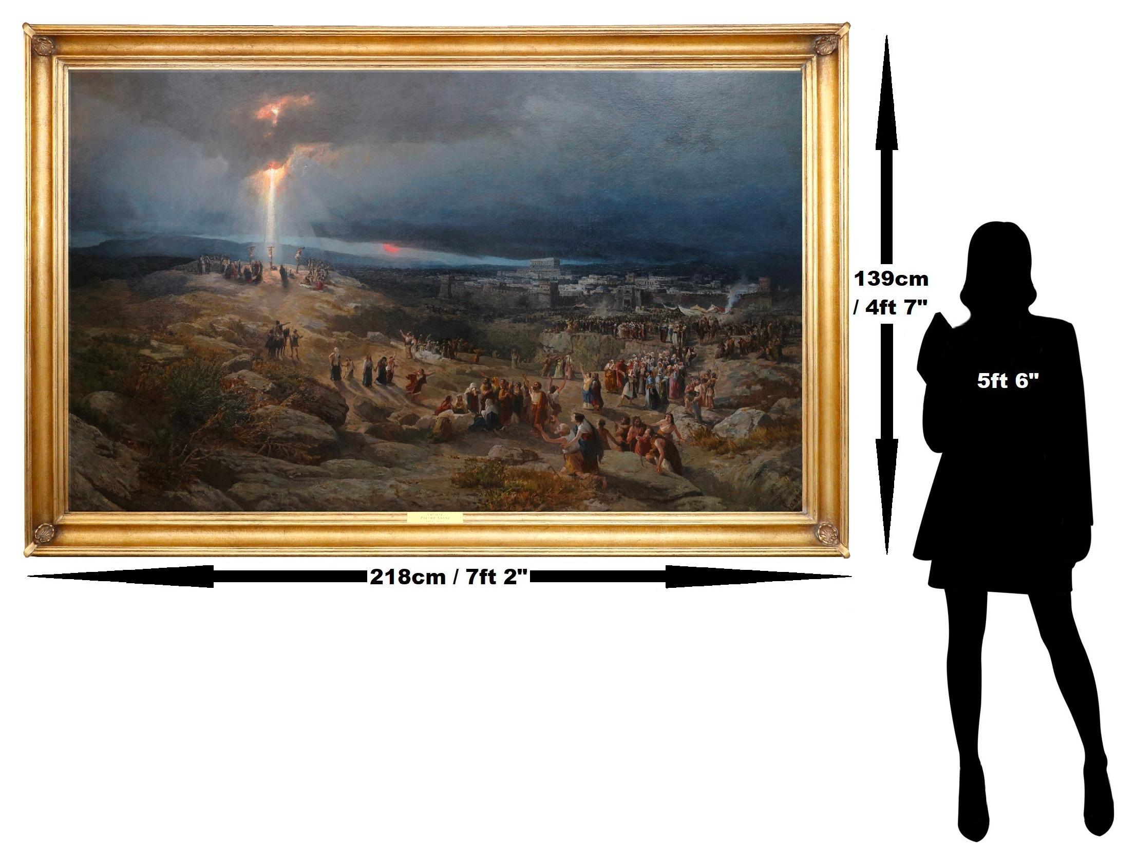 Calvario - Grande dipinto a olio italiano del XIX secolo - Città di Gerusalemme e Crocifissione - Painting Antichi maestri di Pietro Sassi