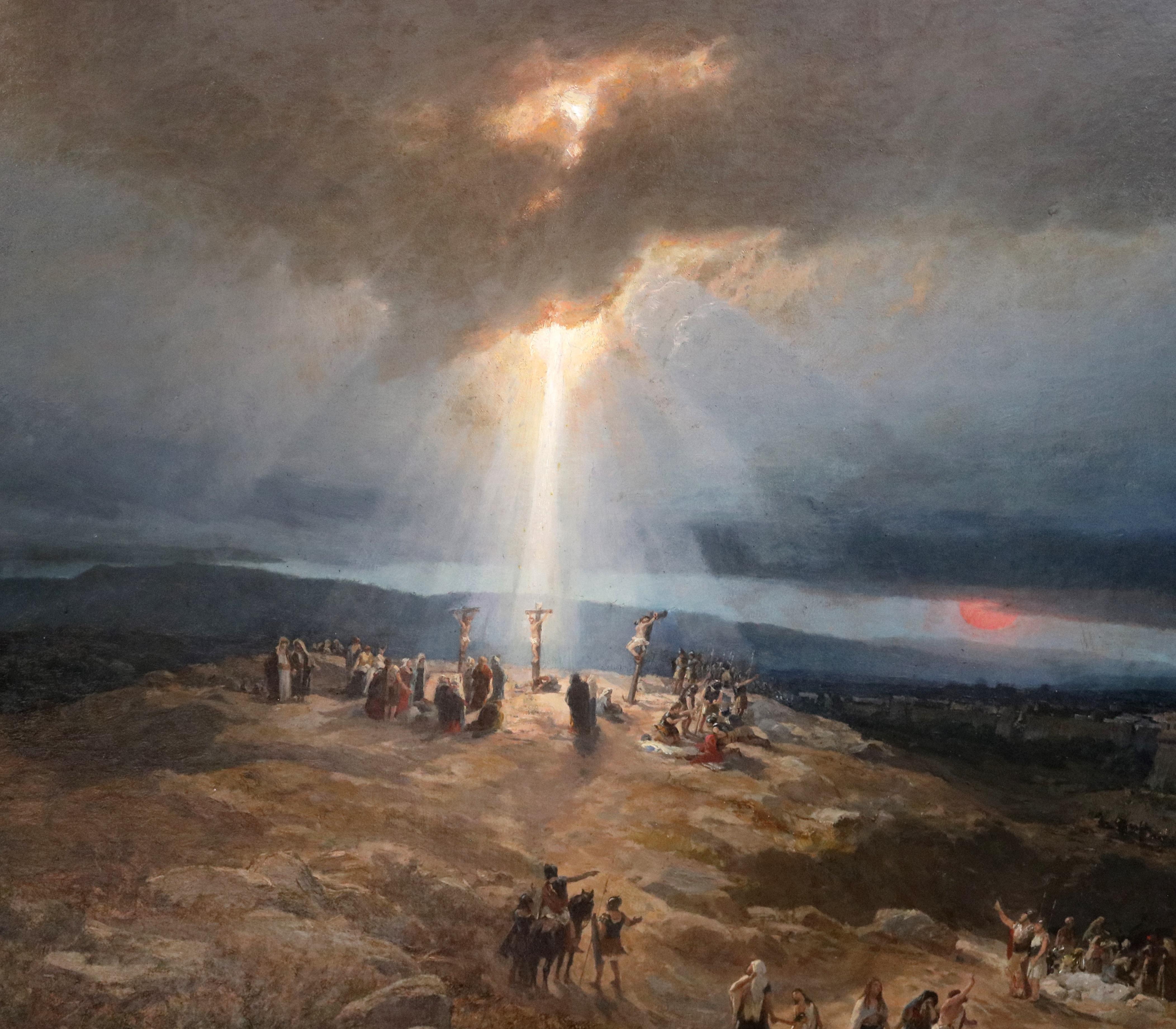 Calvario - Grande dipinto a olio italiano del XIX secolo - Città di Gerusalemme e Crocifissione - Landscape Painting Nero di Pietro Sassi