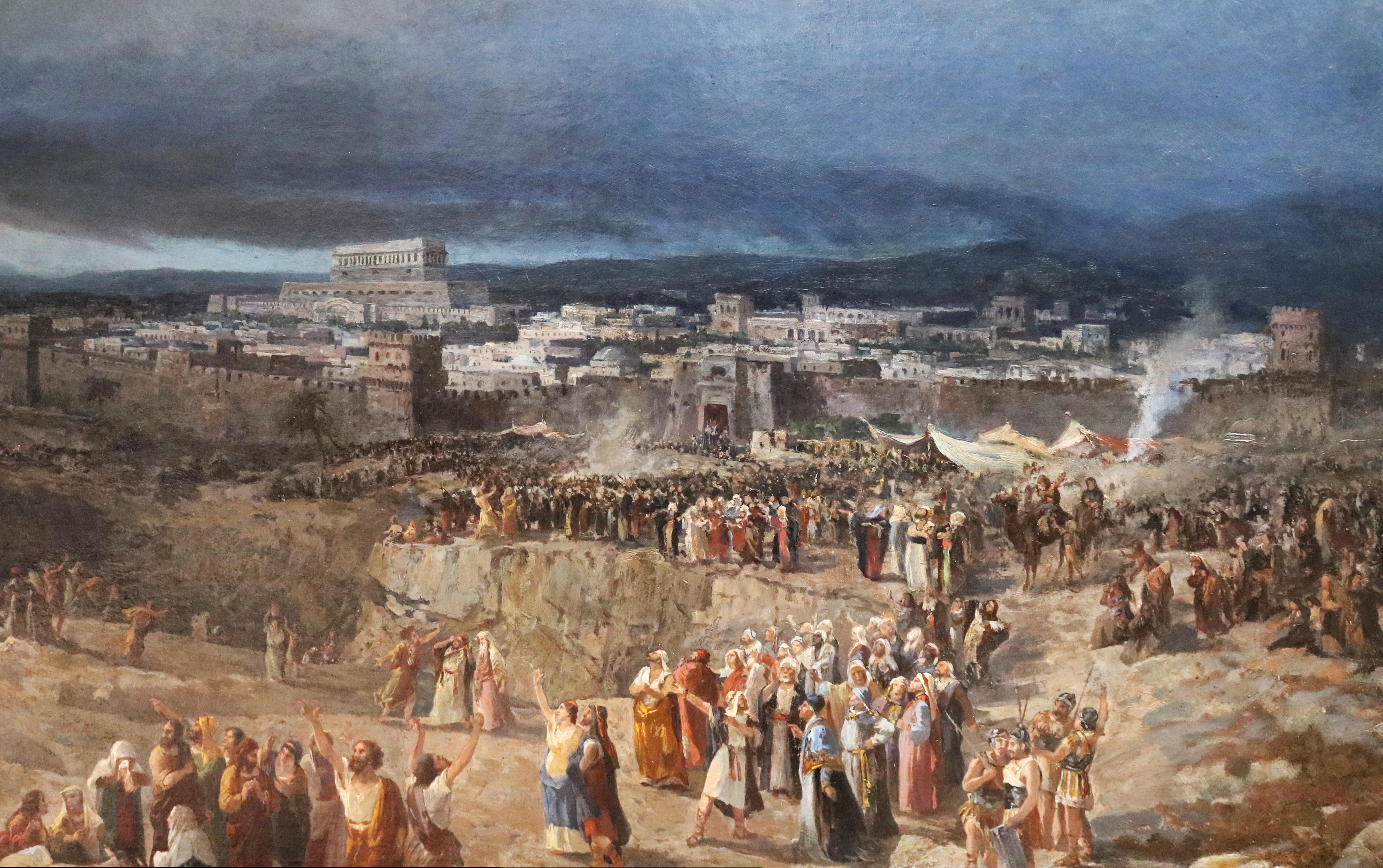 Calvario - Grande dipinto a olio italiano del XIX secolo - Città di Gerusalemme e Crocifissione in vendita 1