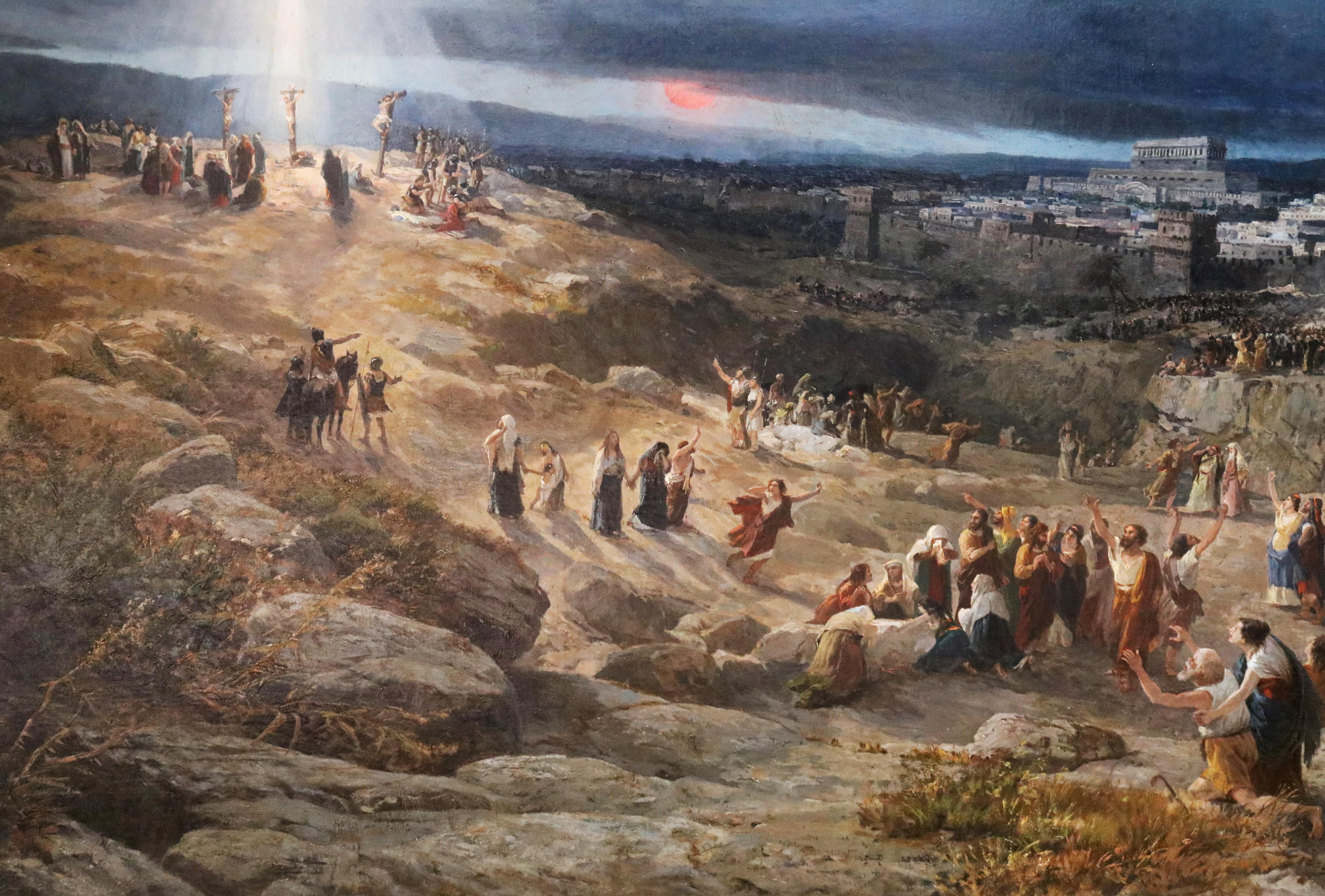 Calvario - Grande dipinto a olio italiano del XIX secolo - Città di Gerusalemme e Crocifissione in vendita 4