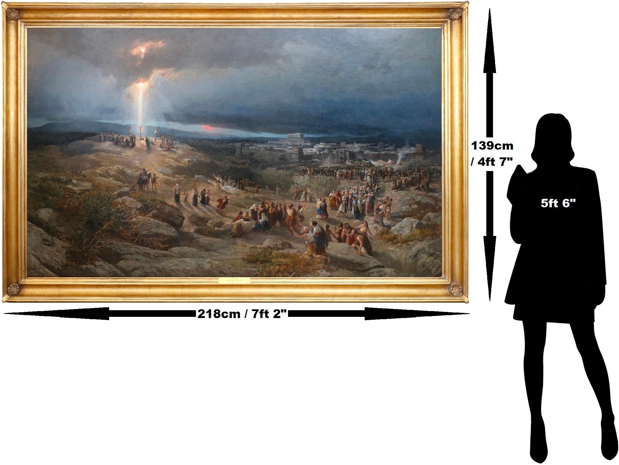 Calvario - Gran óleo del siglo XIX Ciudad de Jerusalén y Crucifixión de Jesús - Painting de Pietro Sassi