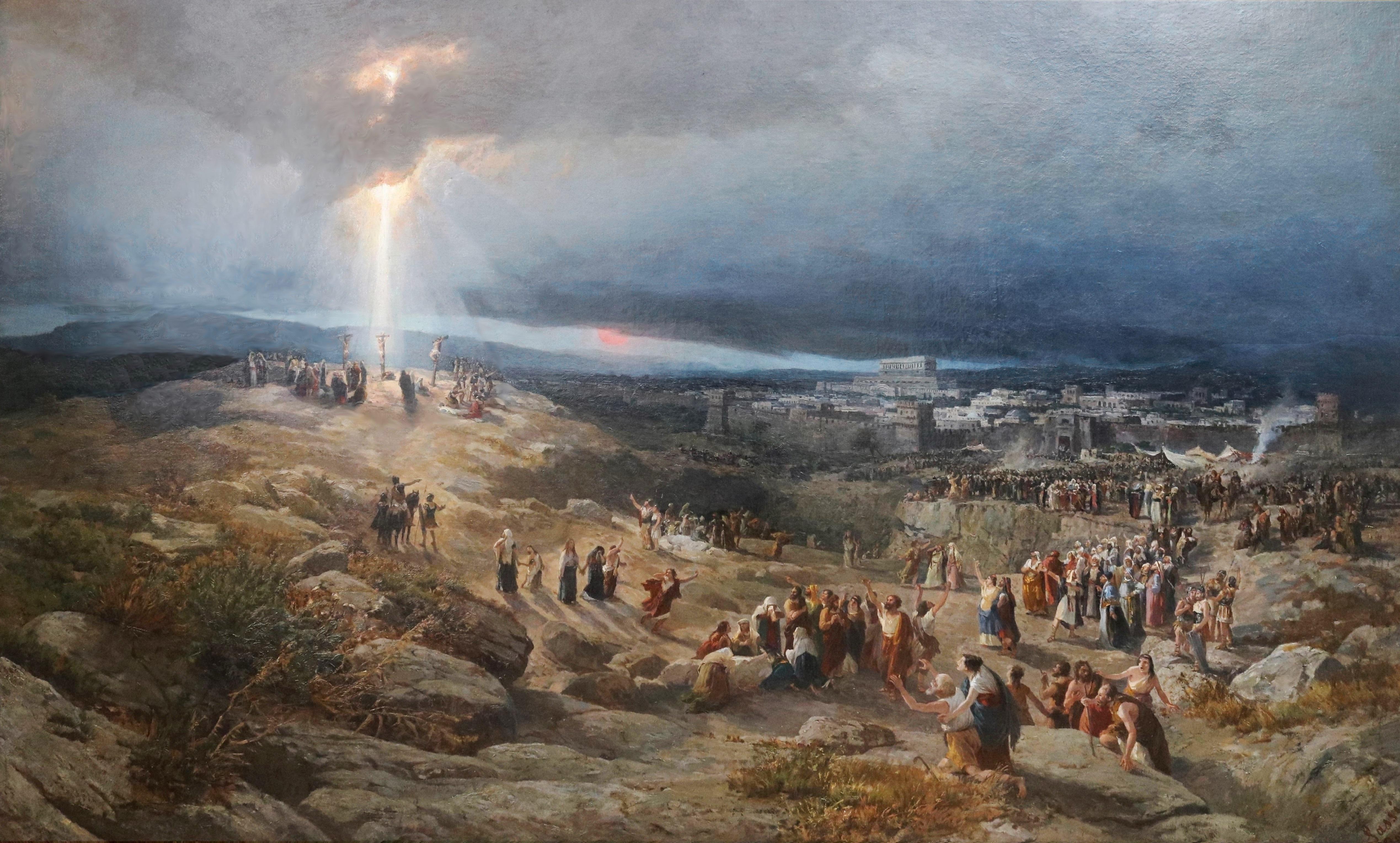 Calvario - Gran óleo del siglo XIX Ciudad de Jerusalén y Crucifixión de Jesús - Painting Antiguos maestros de Pietro Sassi