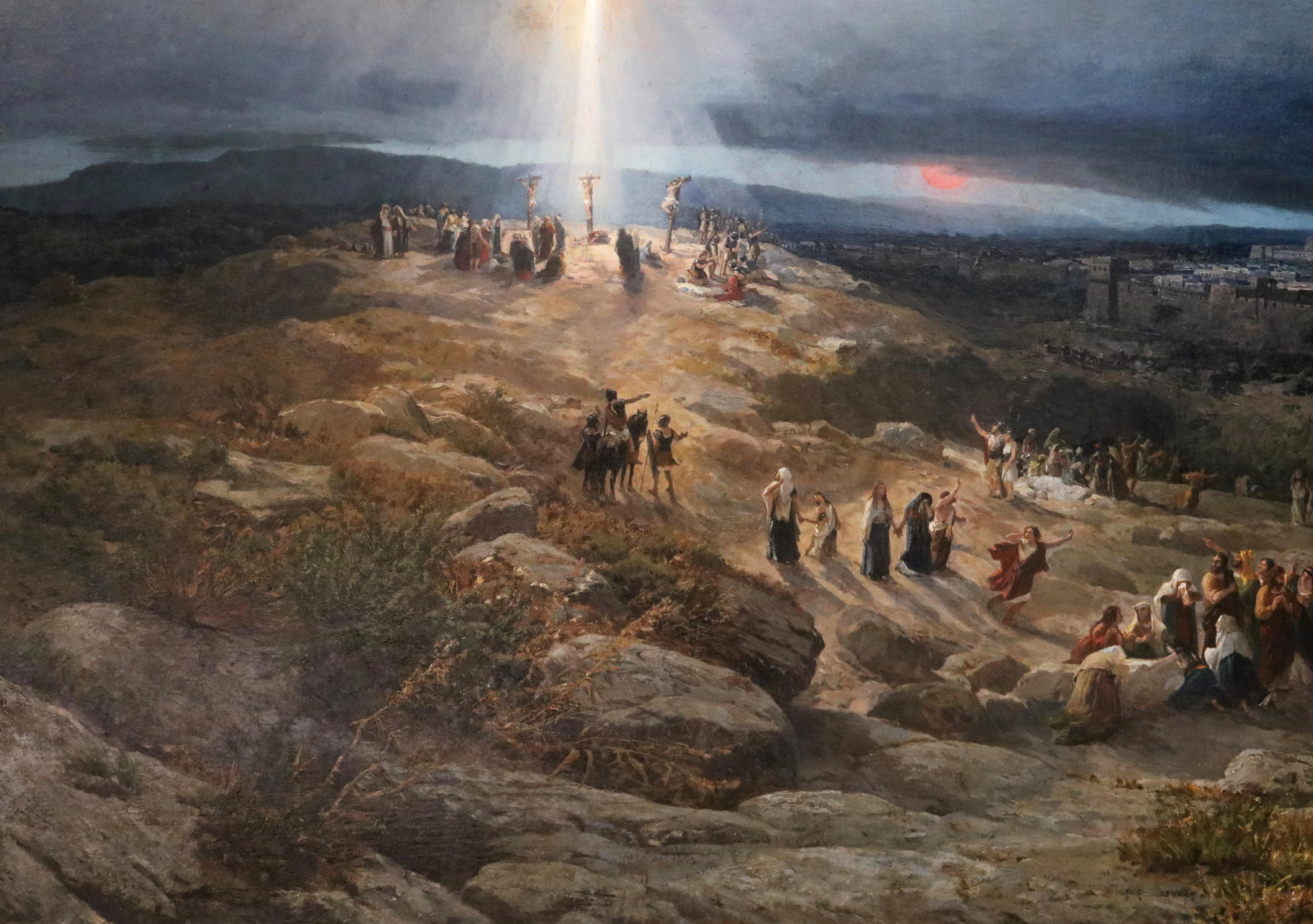 Calvario - Gran óleo del siglo XIX Ciudad de Jerusalén y Crucifixión de Jesús 2