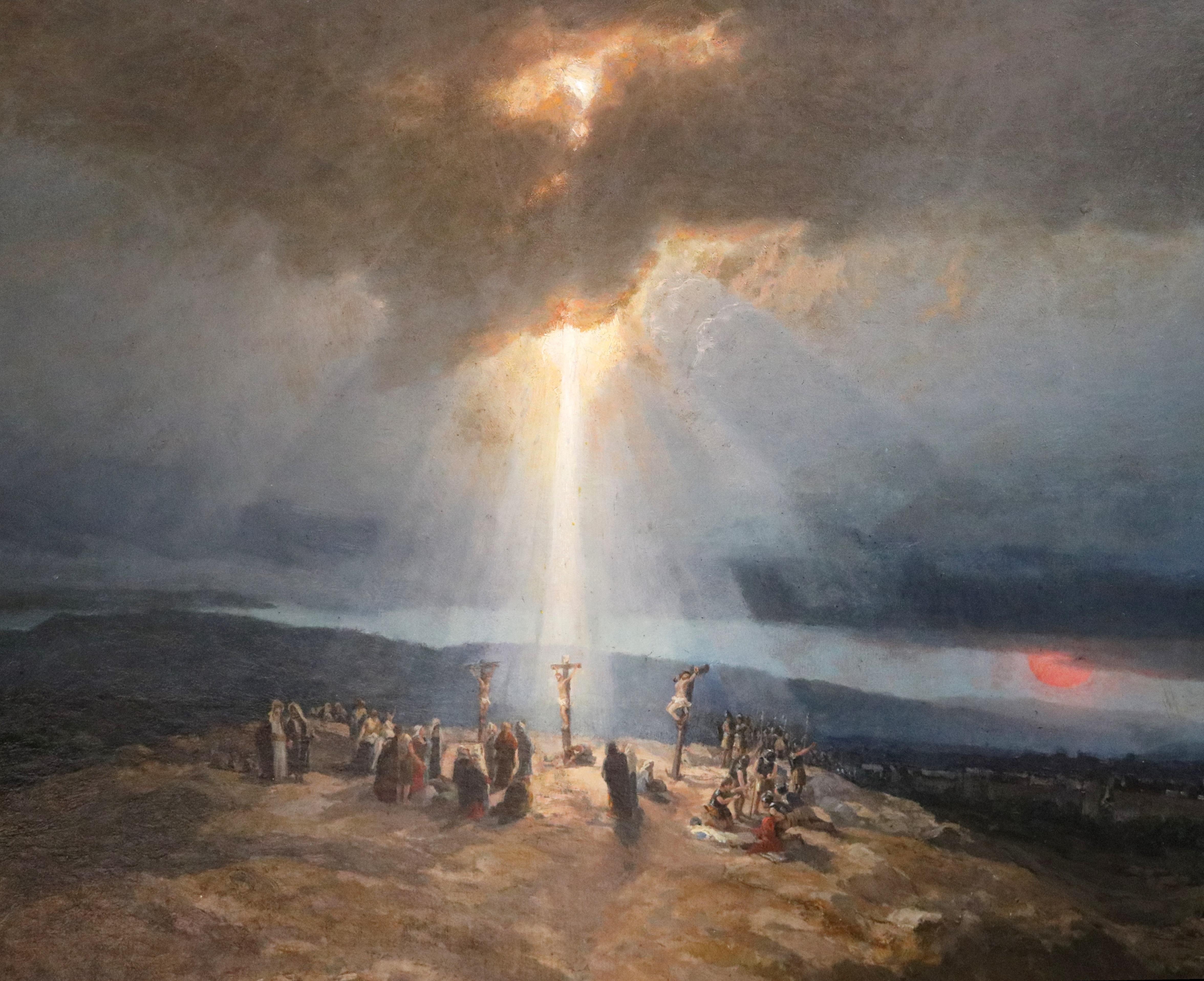 Calvary - Spektakuläres italienisches Ölgemälde der Jerusalemer Kreuzigung aus dem 19. Jahrhundert 3